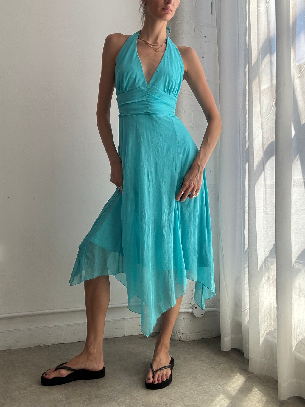 Vintage Turquoise Asymmetric Hem Halter Dress Y2K - Size L