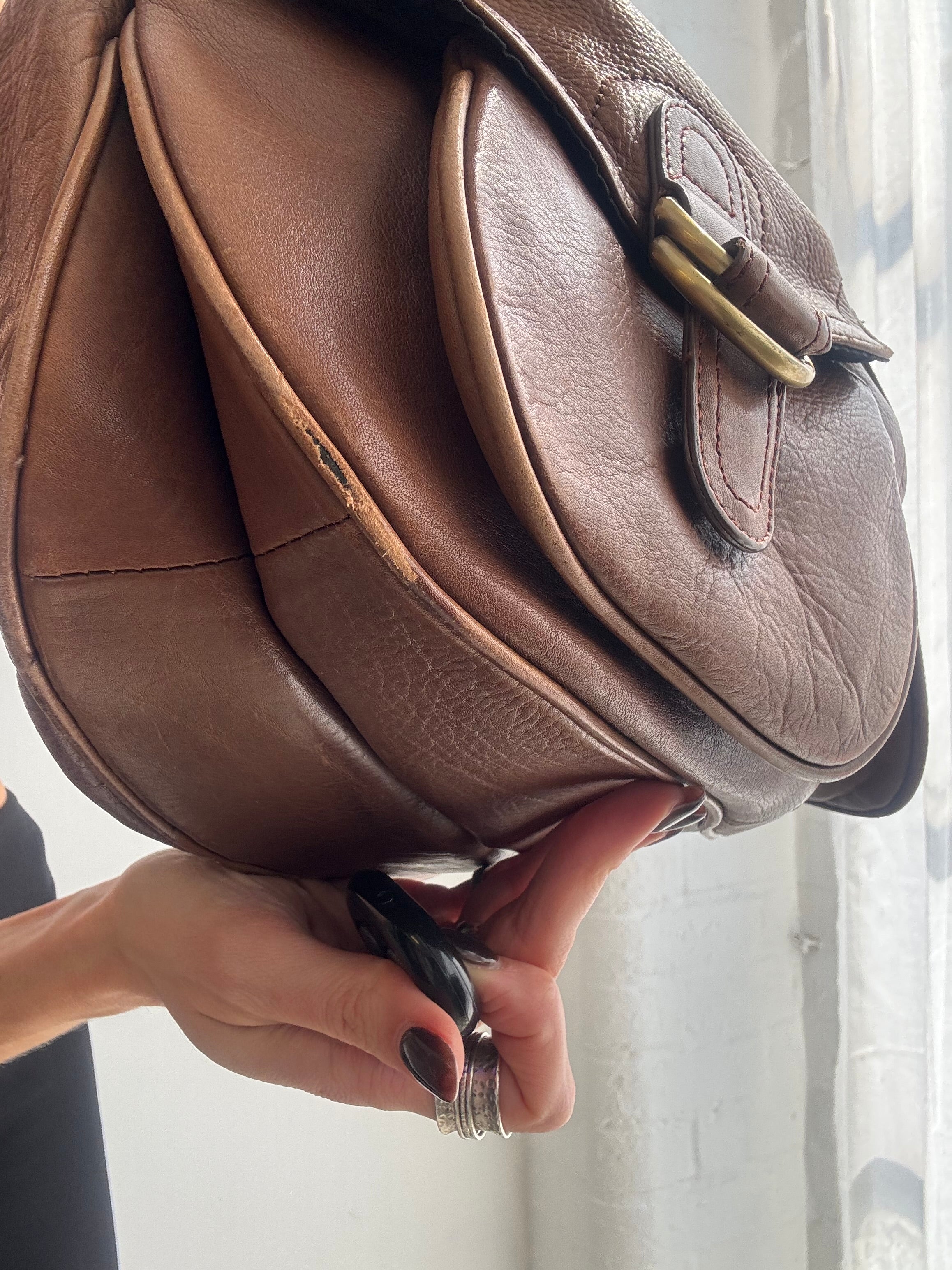 Vintage Y2K brown leather buckle slouchy shoulder bag
