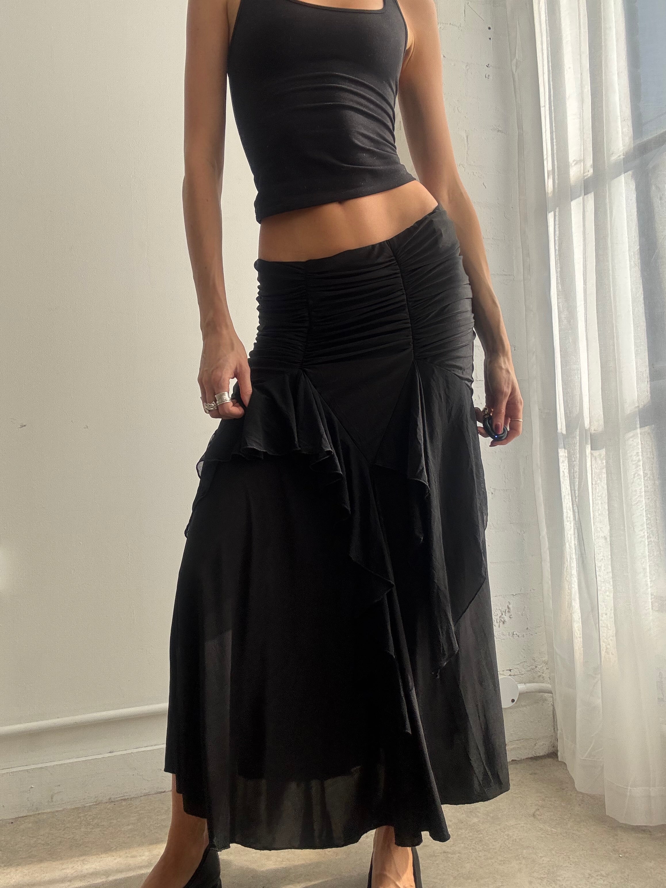 Vintage Y2K black ruched slinky maxi skirt