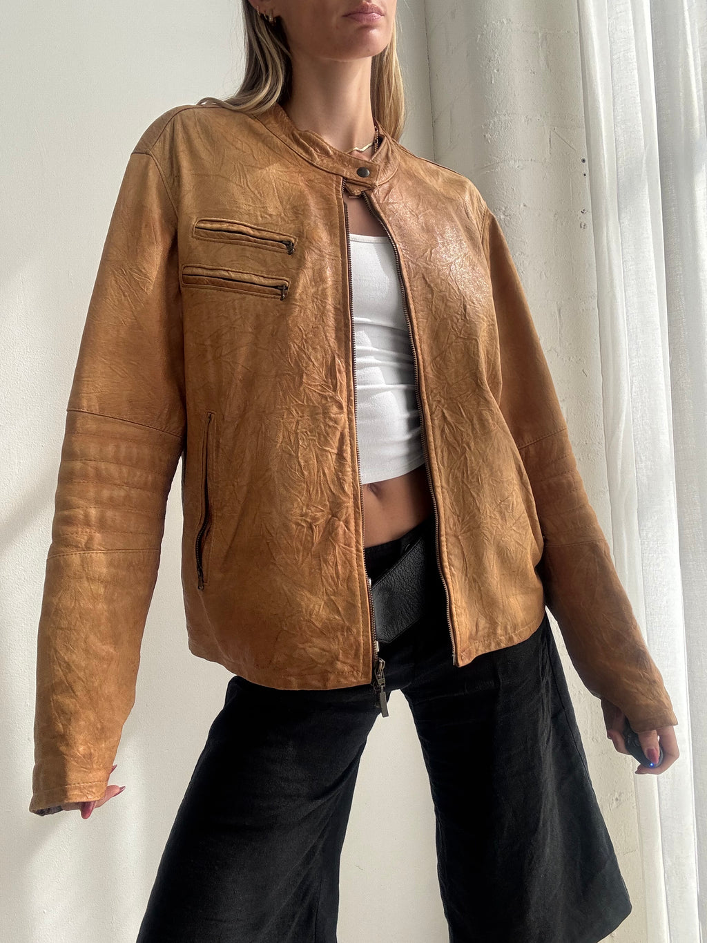 Vintage Y2K Tan Brown Leather Biker Jacket - Size L