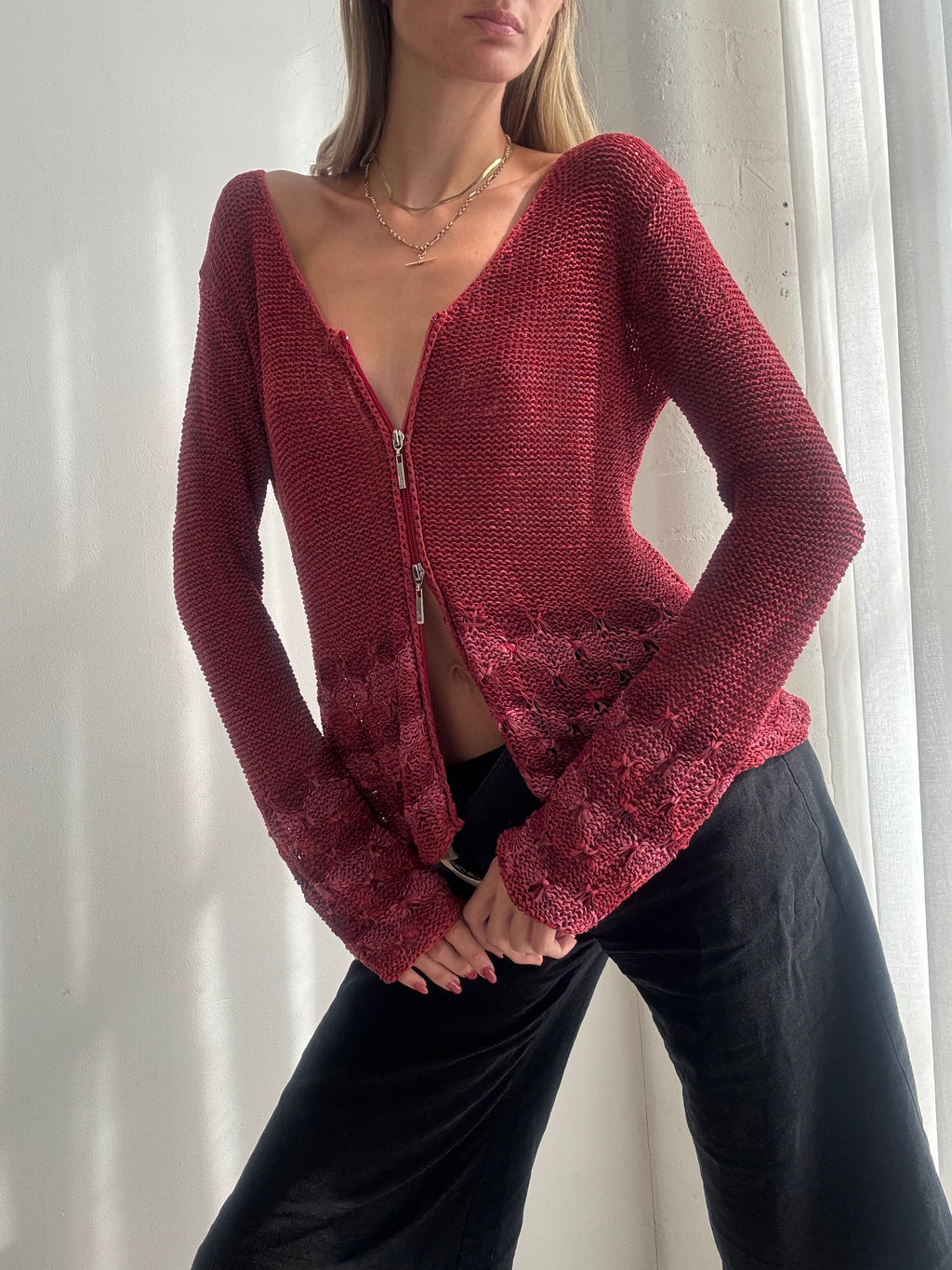 Vintage Y2K Burgundy Dual Zip Flared Cardigan Top Jumper - Size M