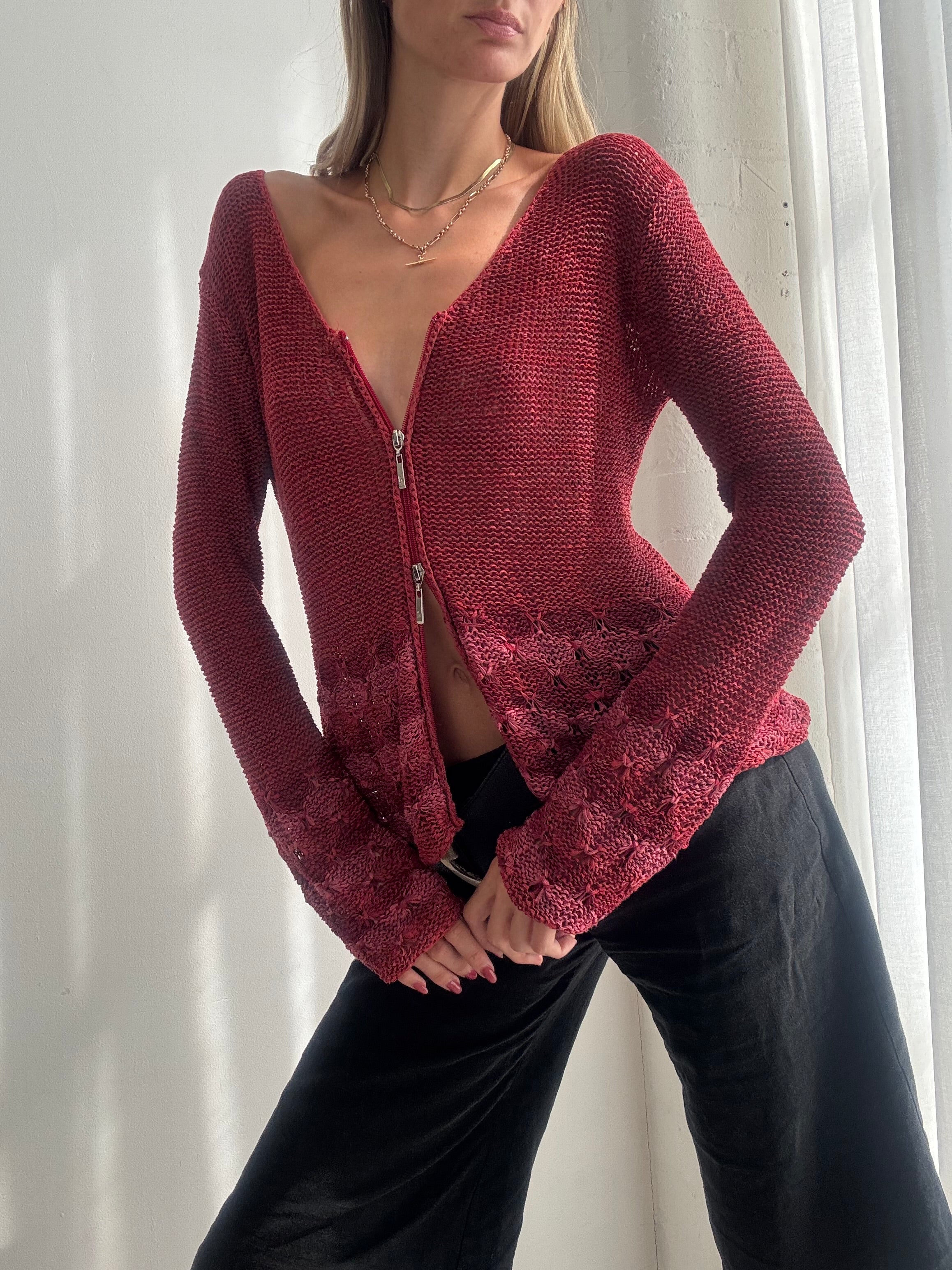 Vintage Y2K Burgundy Dual Zip Flared Cardigan Top Jumper - Size M