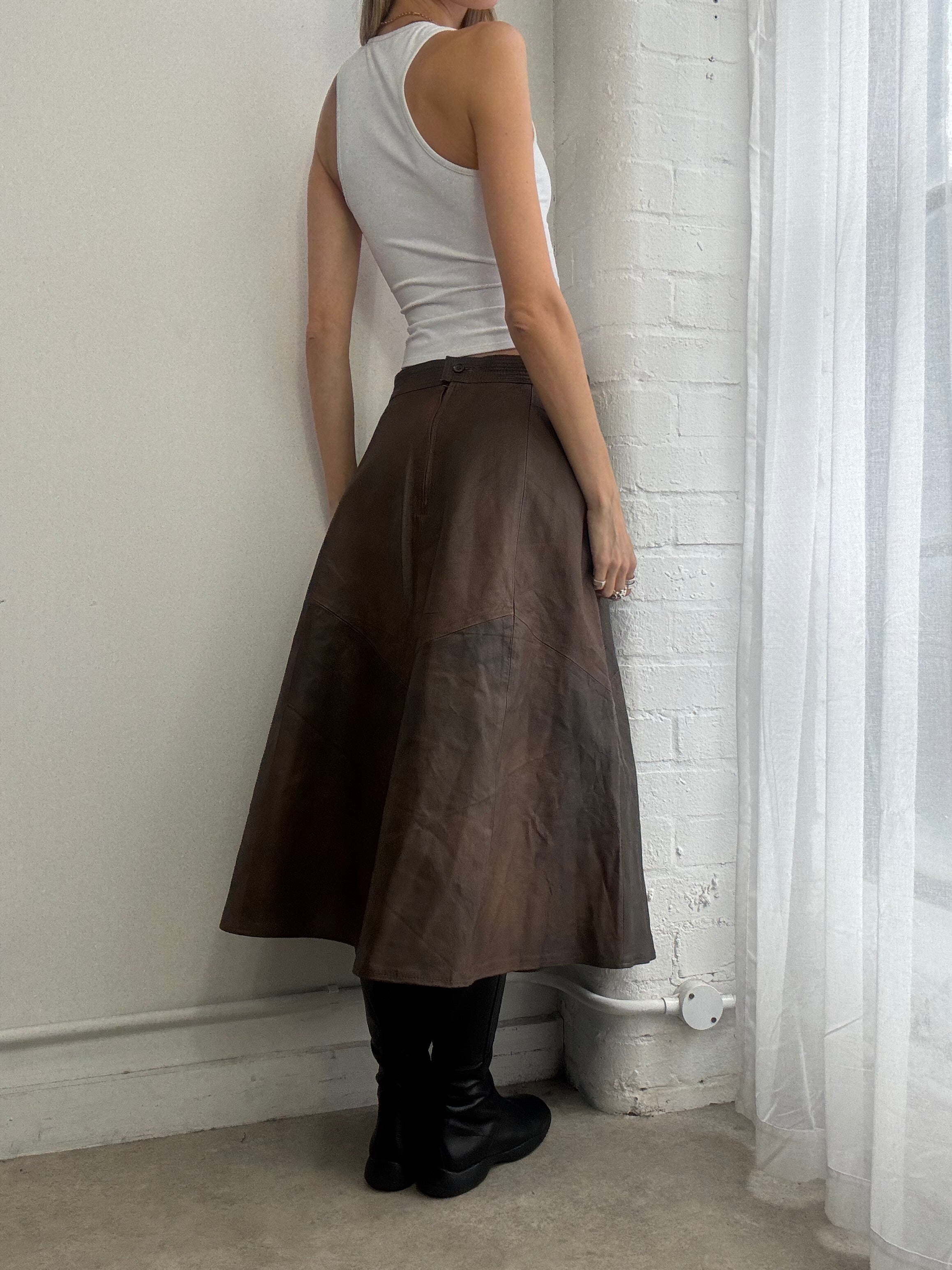 Vintage 90s distressed brown leather maxi skirt
