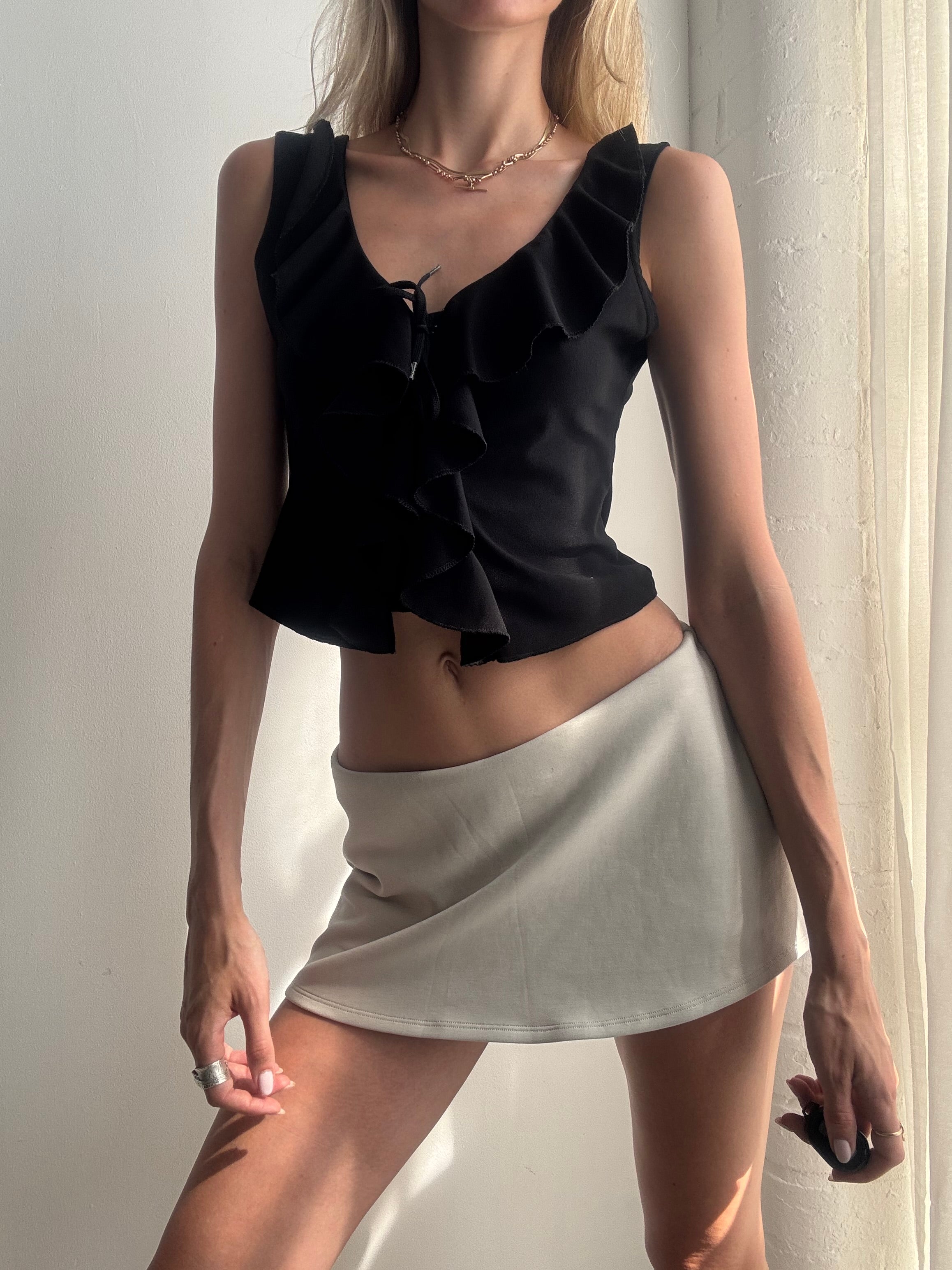Vintage Y2K Black Ruffle Tie Front Top - Size M