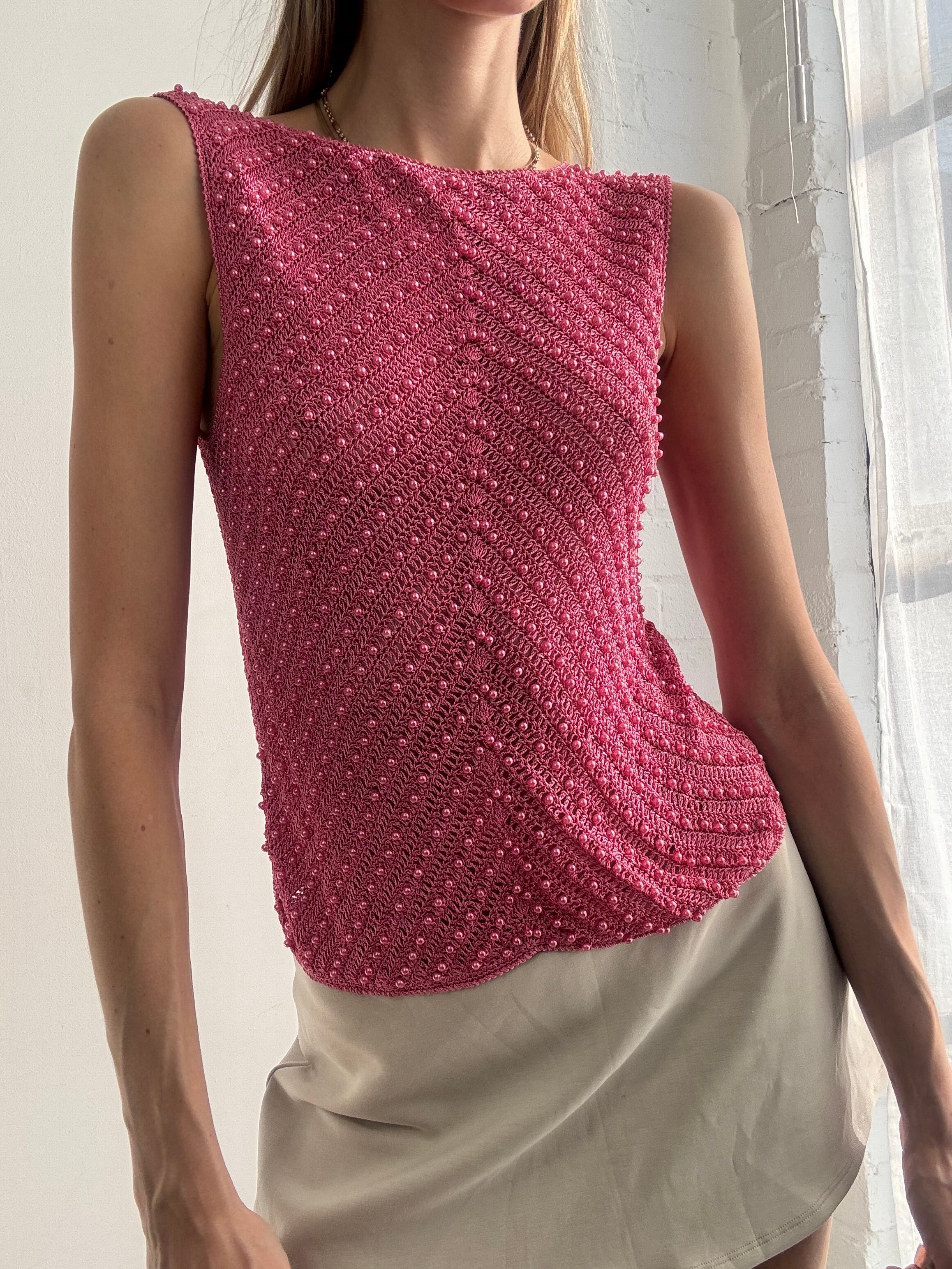 Vintage Y2k Hot Pink Crochet Beaded Boat Neck Top