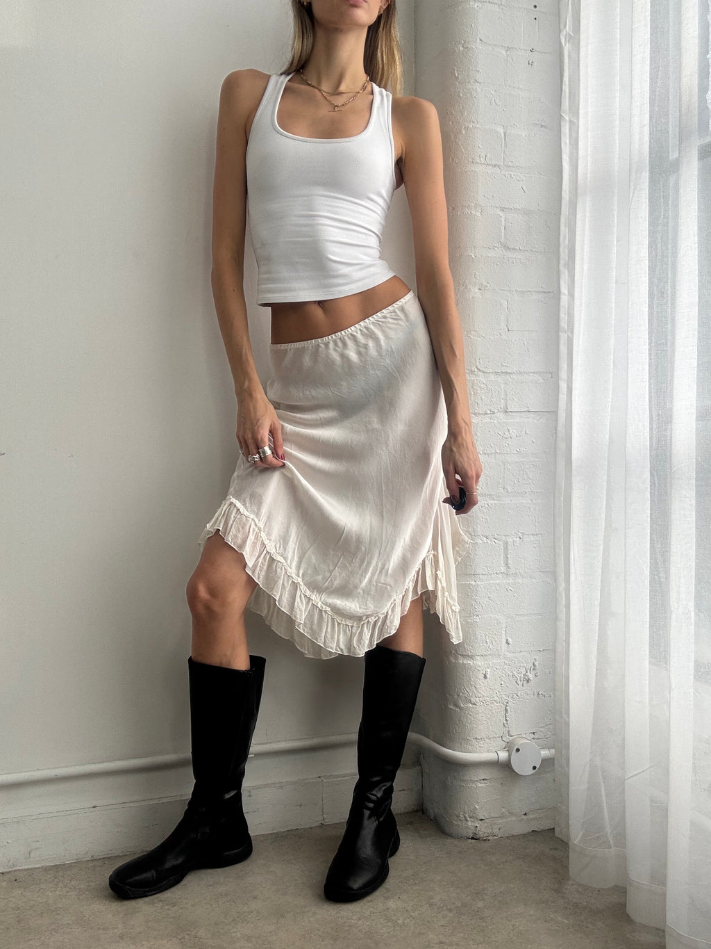 Vintage 90s white silk ruffle midi skirt