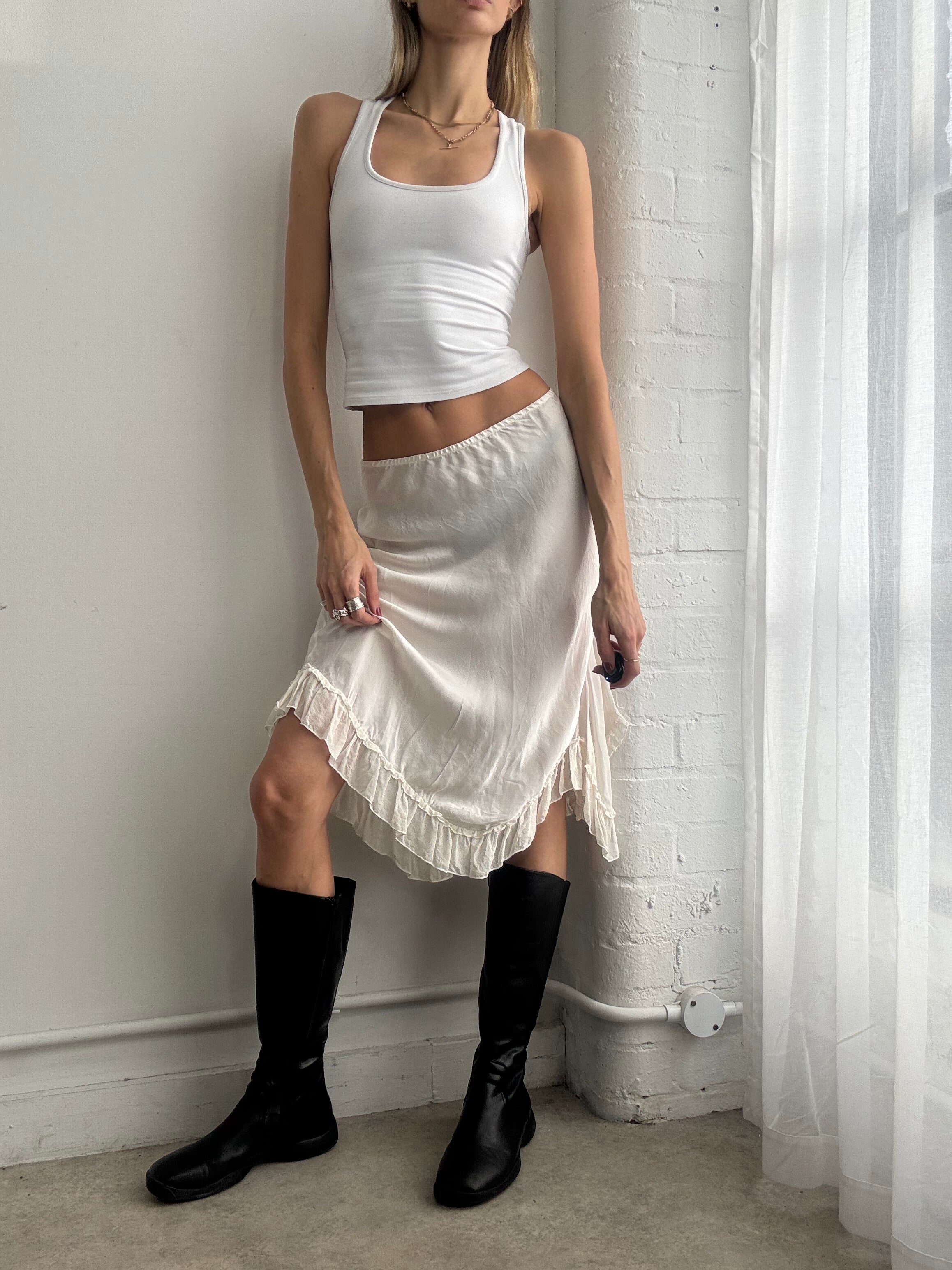Vintage 90s white silk ruffle midi skirt
