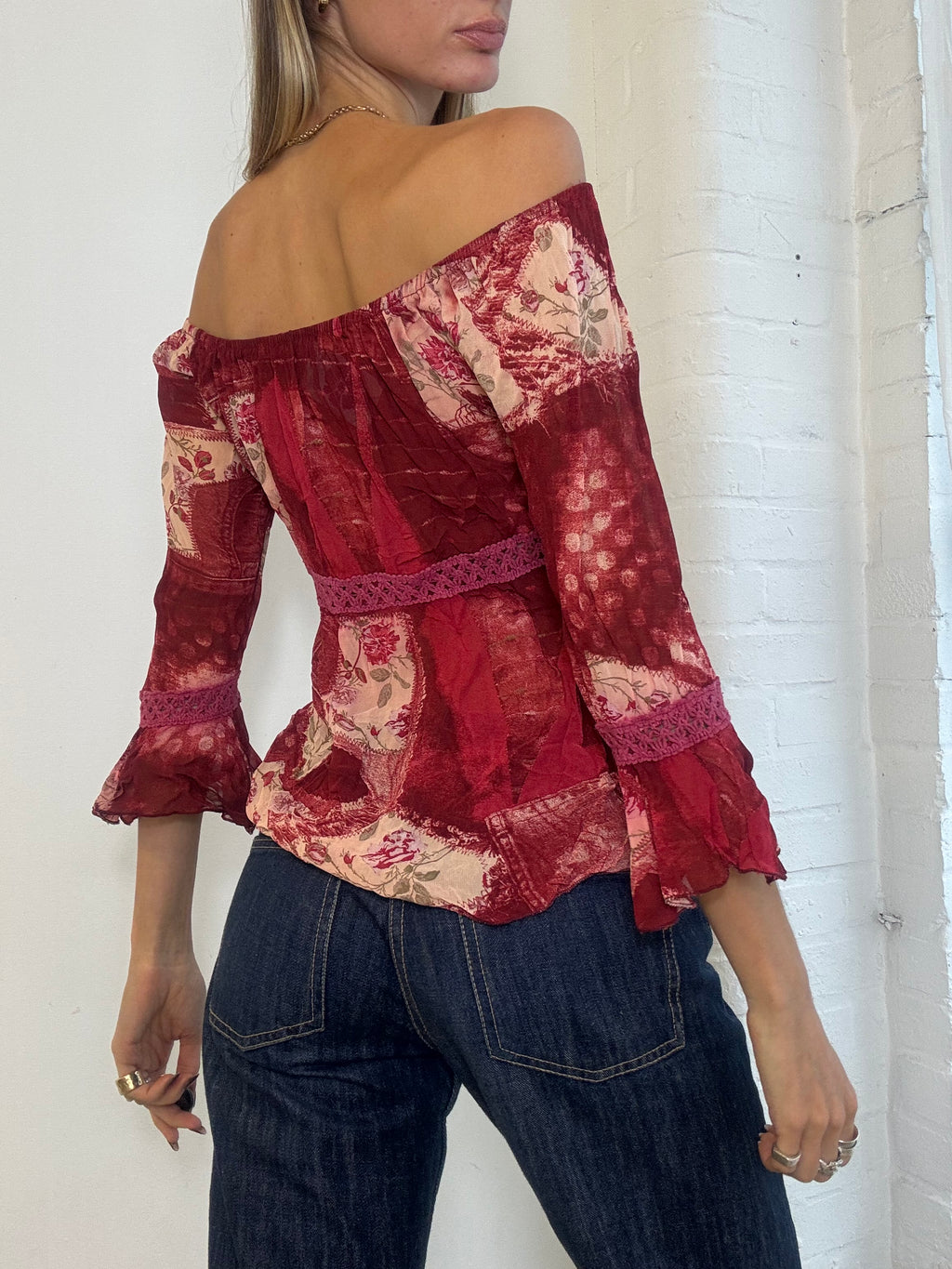 Vintage Y2K Red Floral Patchwork Bardot Peasant Top - Size S/M
