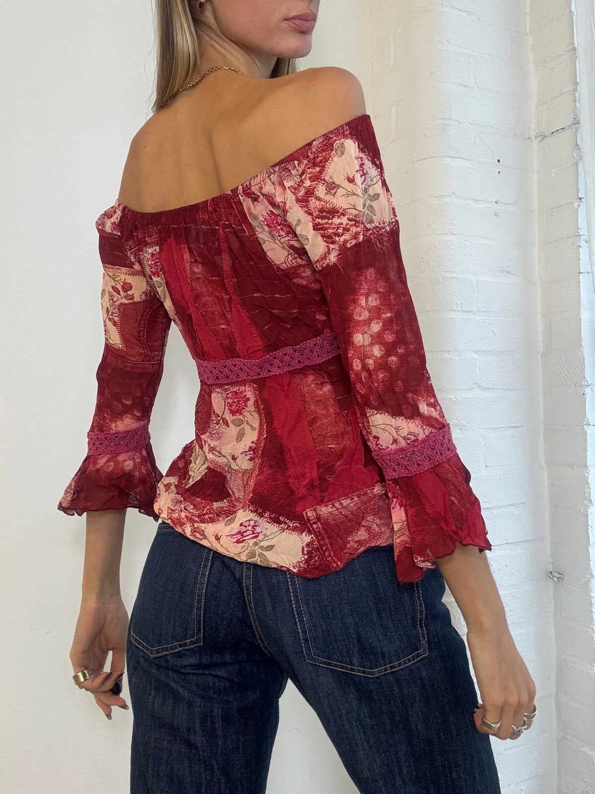 Vintage Y2K Red Floral Patchwork Bardot Peasant Top - Size S/M