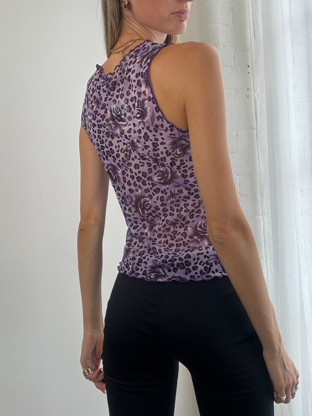 Vintage Y2K Purple Leopard & Floral Print Mesh Top - Size S