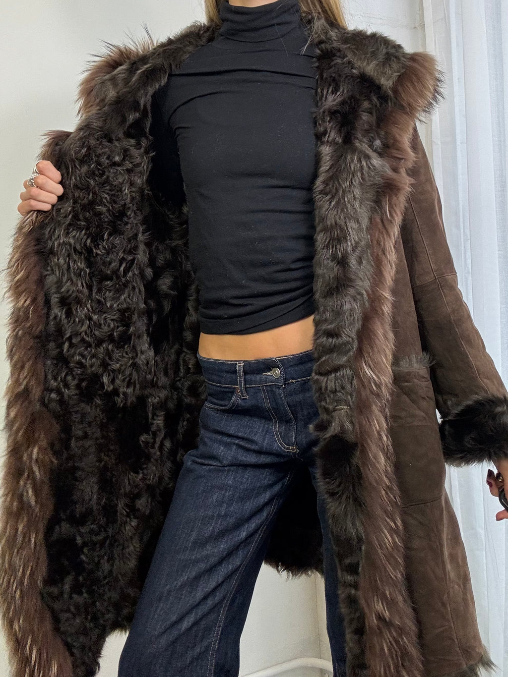 Vintage Y2K sheepskin hooded coat brown