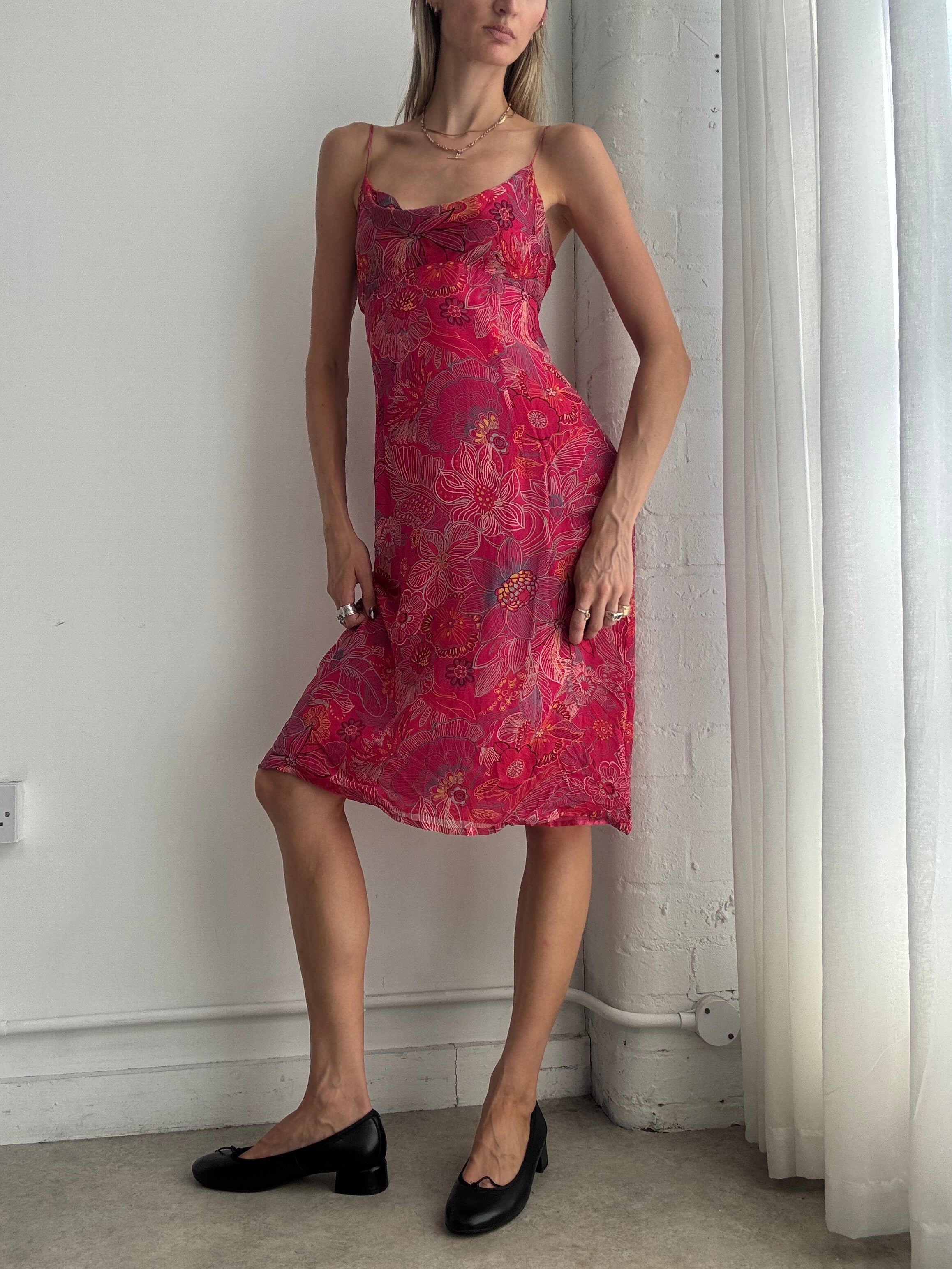 Vintage Y2K Pink Floral Silk Slip Midi Dress – Size M