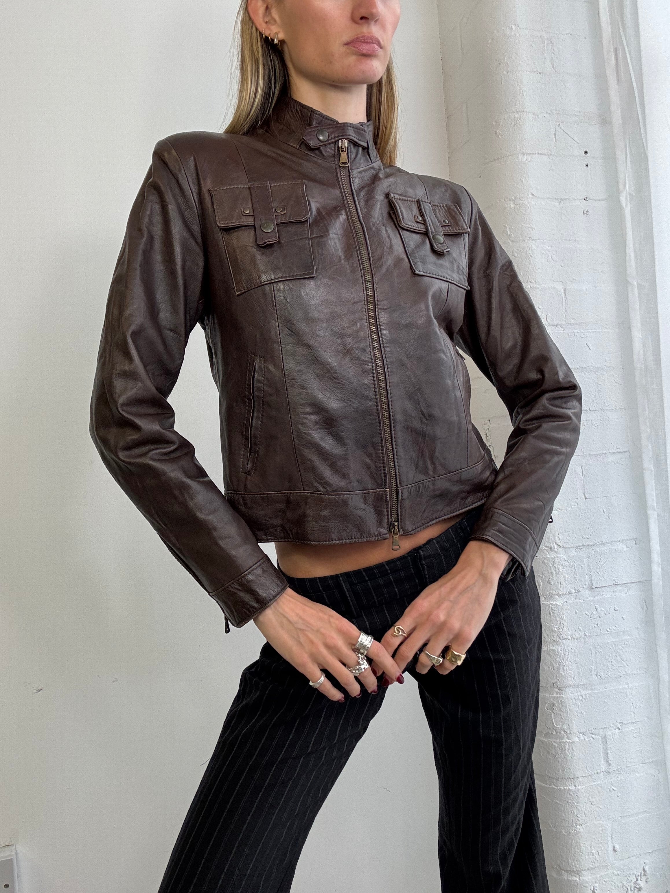 Vintage Y2K dual zip leather biker jacket brown