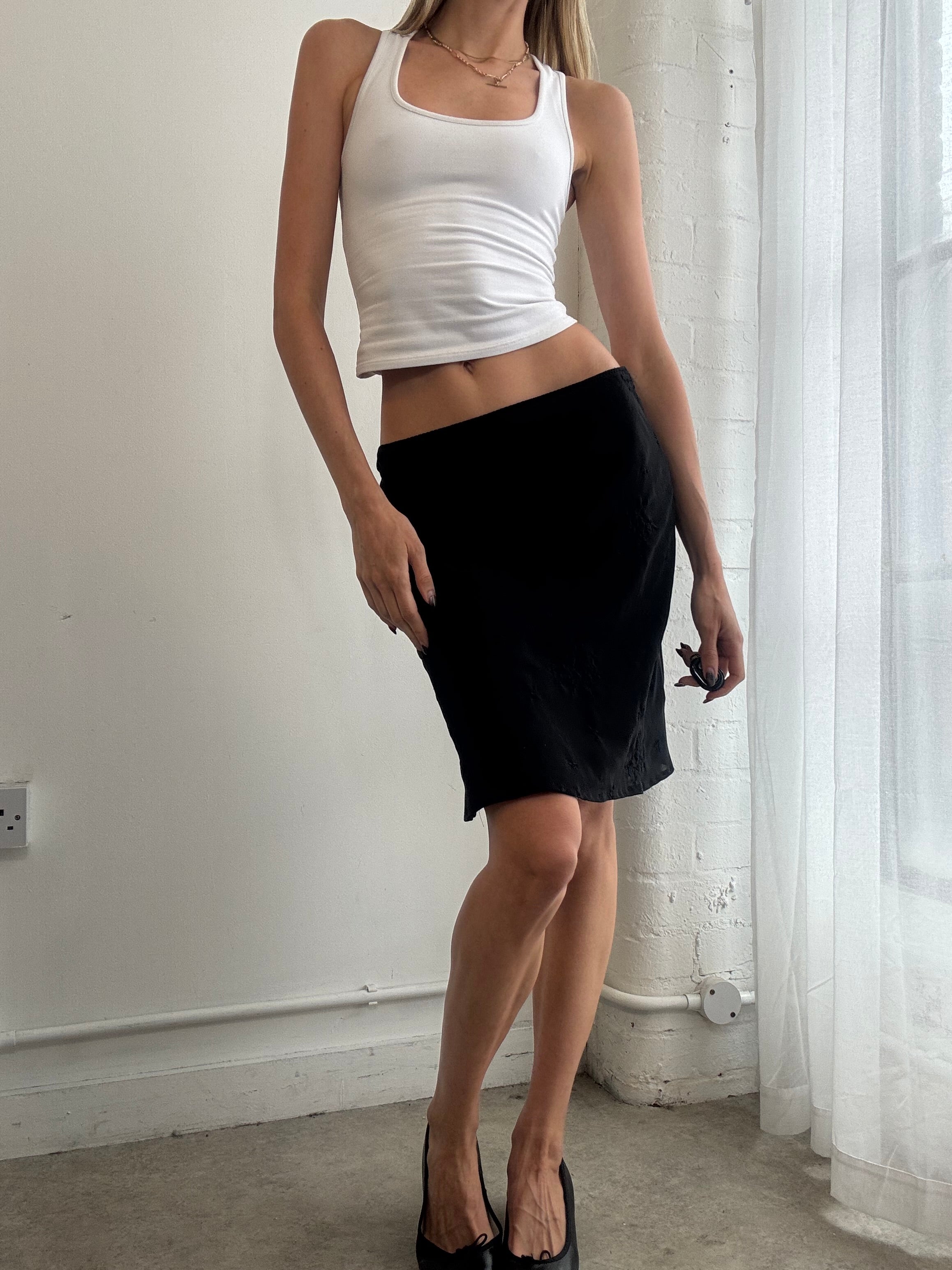 Vintage Y2K black bias cut embroidered mesh midi skirt - Size S