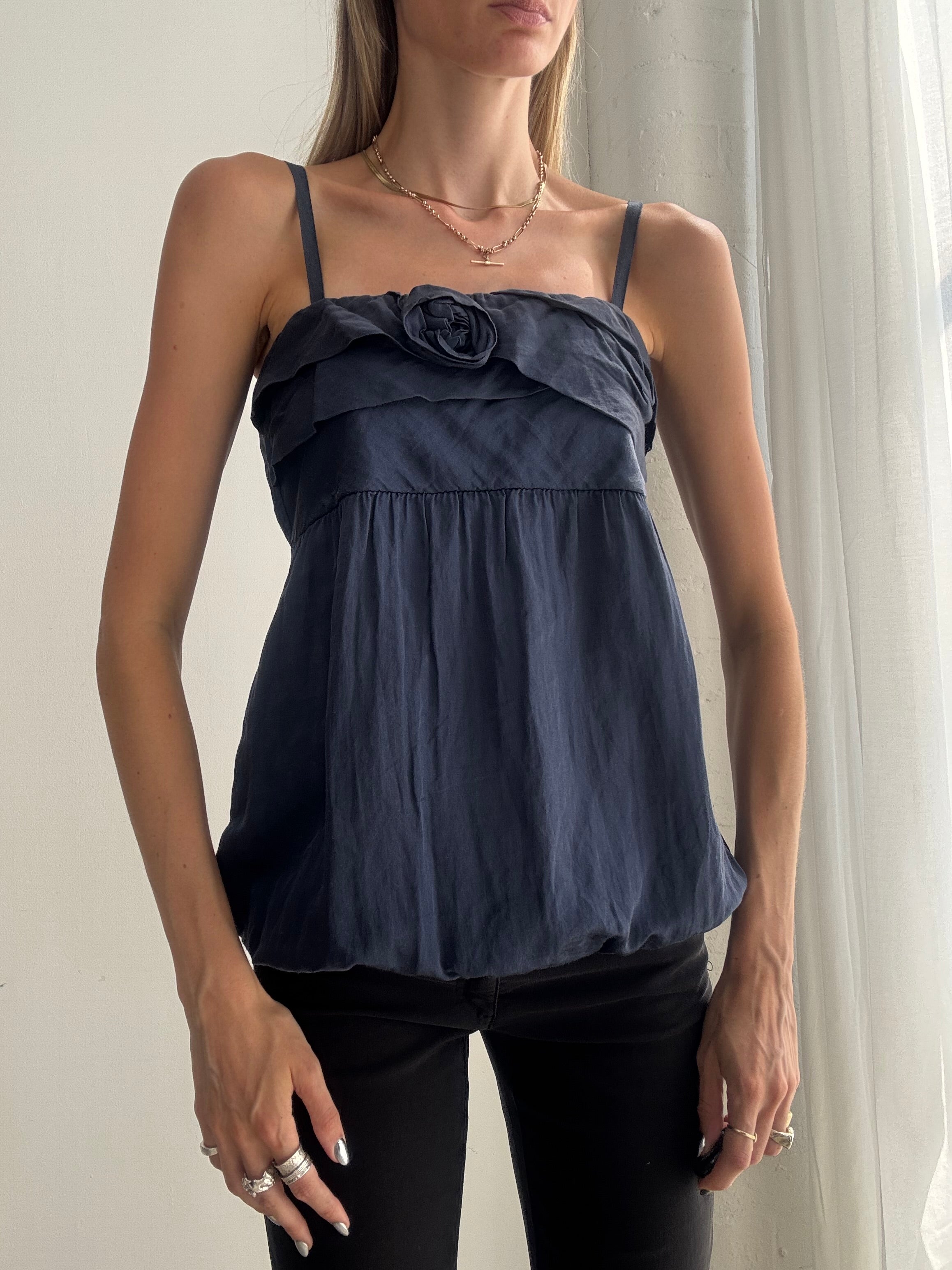 Vintage Y2K Navy Cami Top – Floral Rosette Babydoll Top - Size XS/S