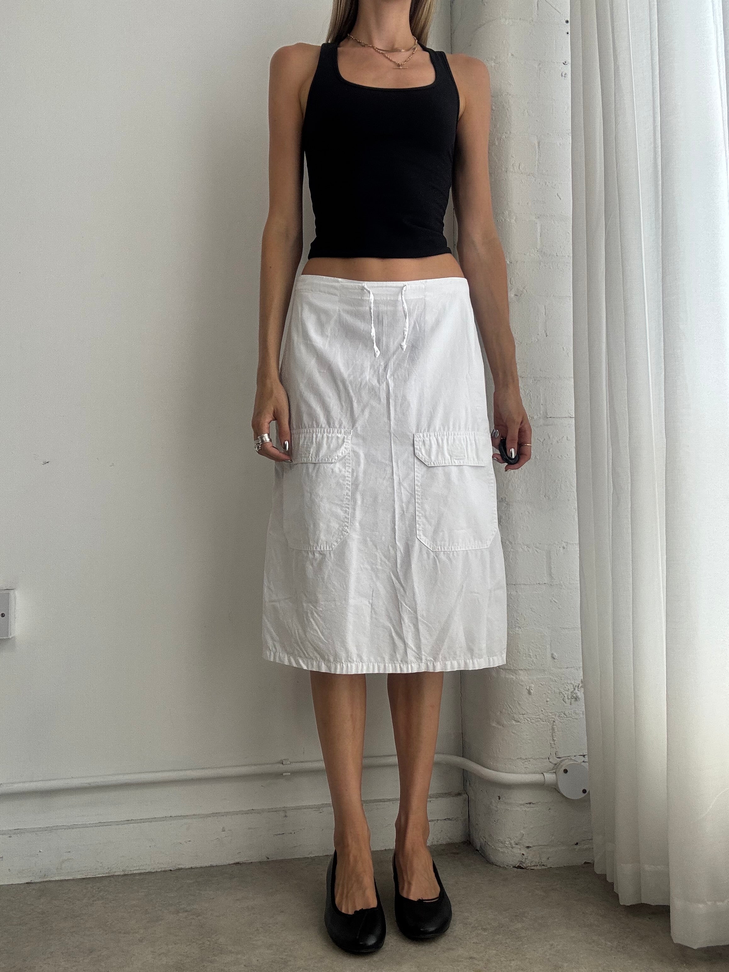 Vintage Y2K White Cargo Midi Skirt – Low Rise Utility Cotton Skirt - Size XS/S