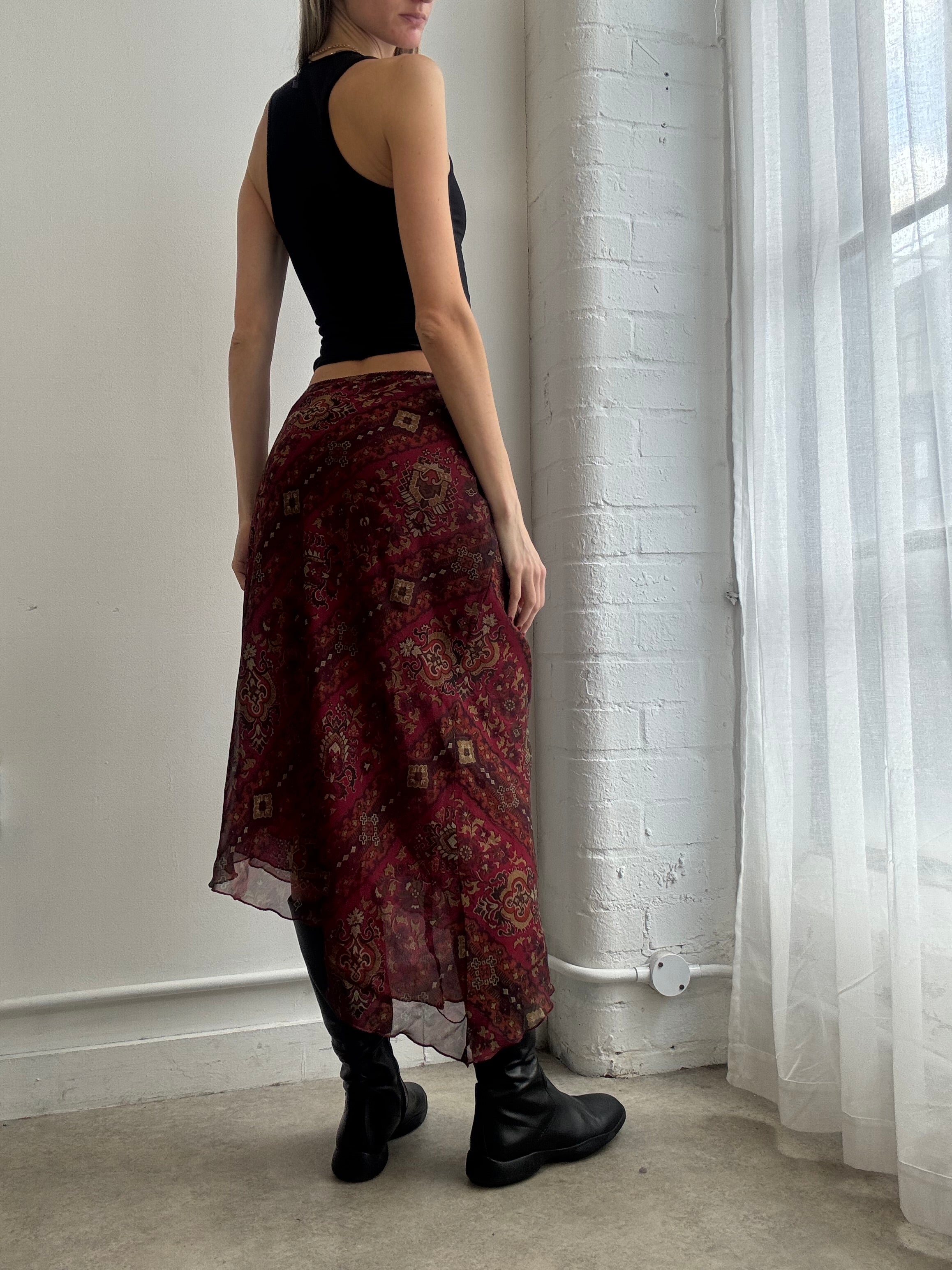 Vintage Y2k burgundy asymmetric mesh midi skirt