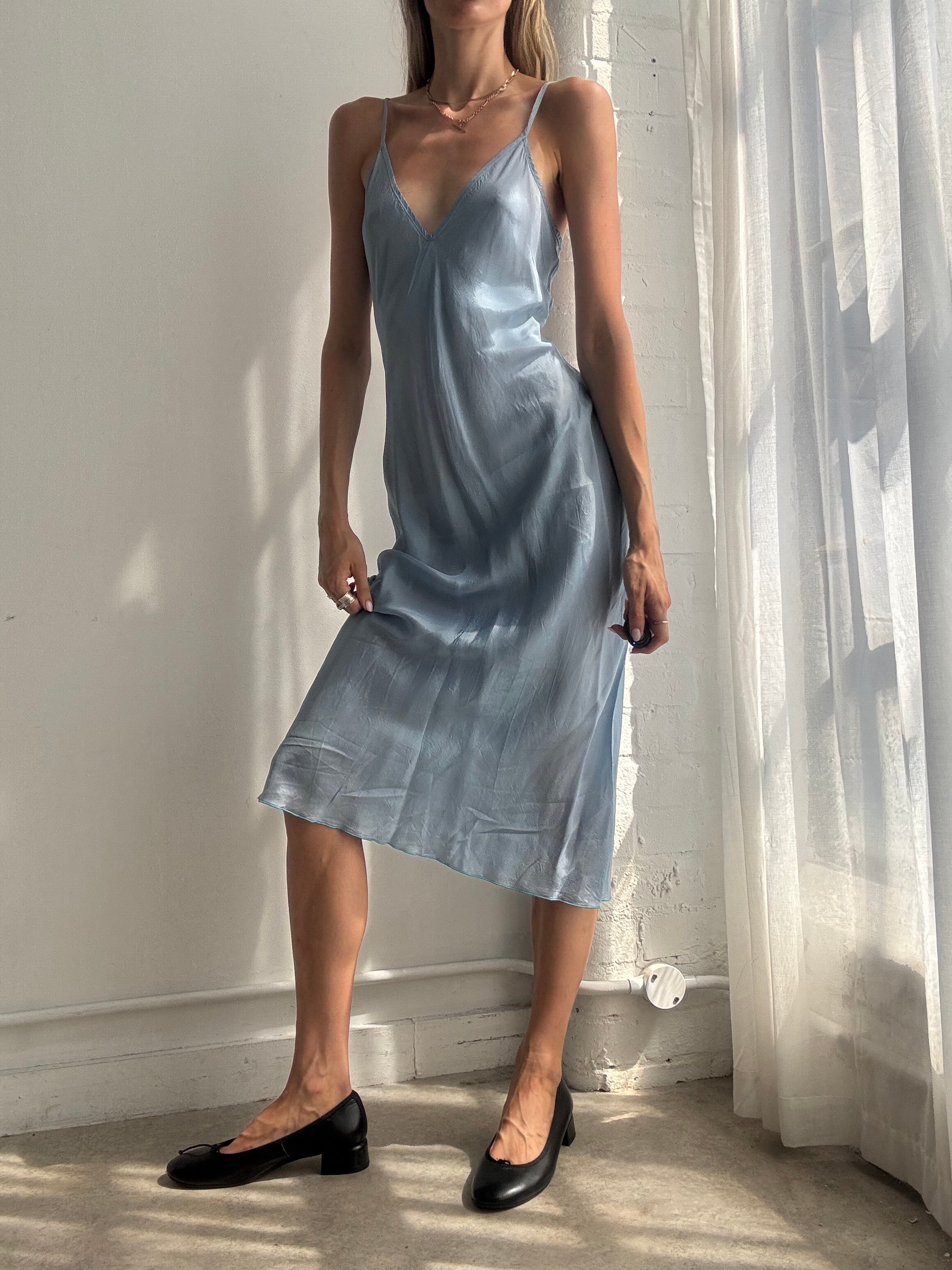 Vintage Y2K Ice Blue Satin Slip Dress - Size S