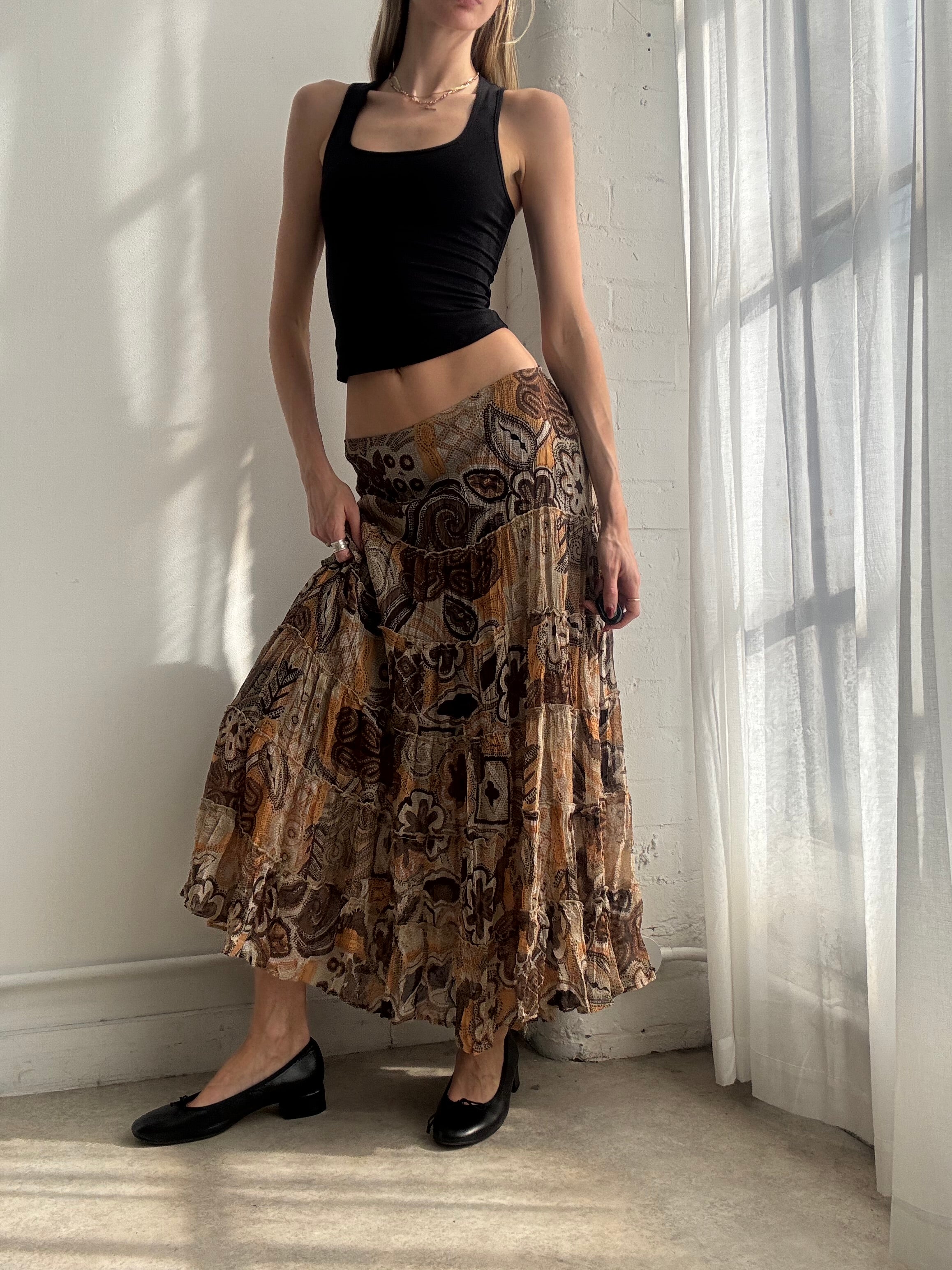 Vintage Y2K brown mesh paisley tiered maxi skirt