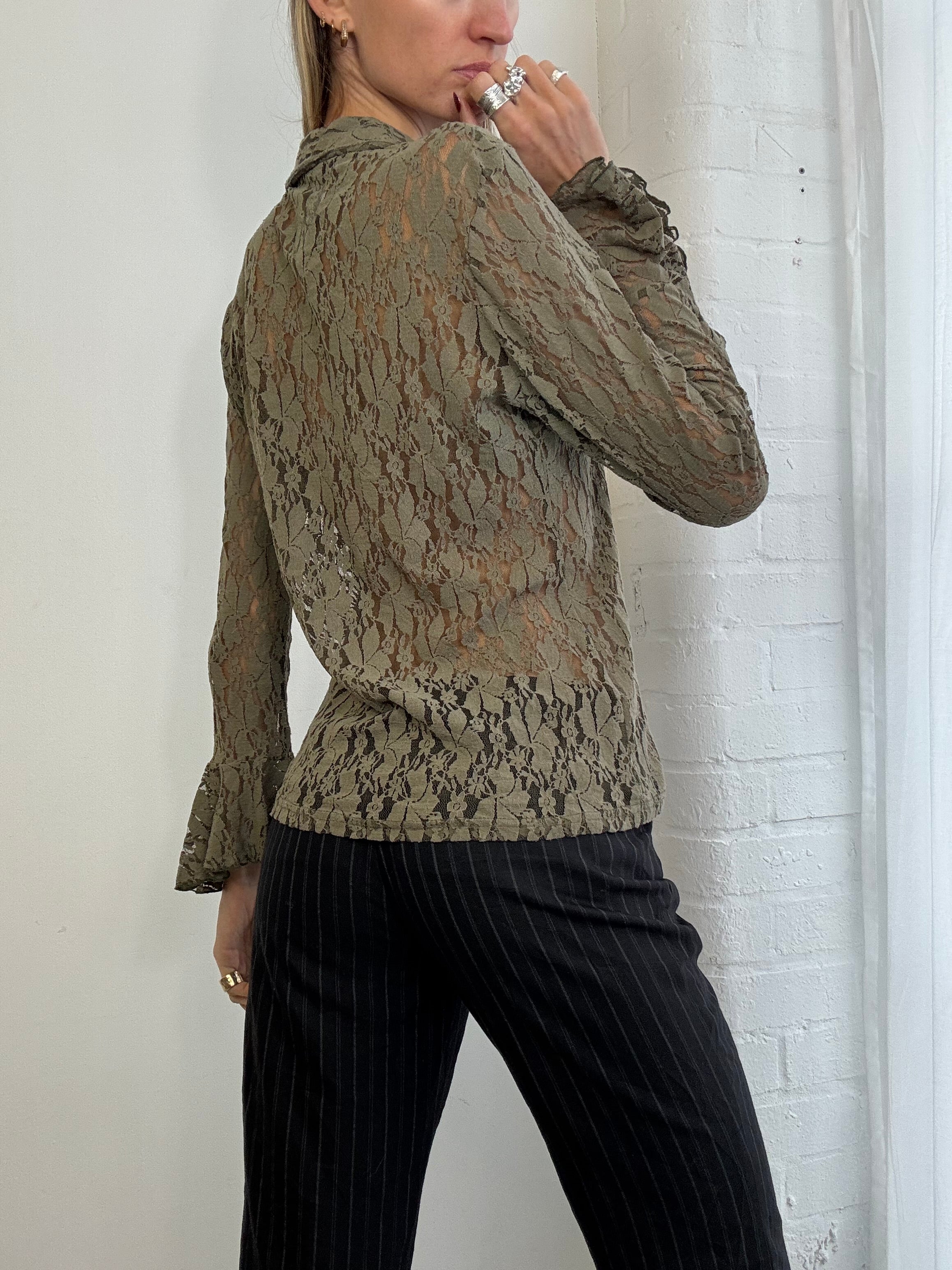 Vintage 90s khaki green ruched lace shirt