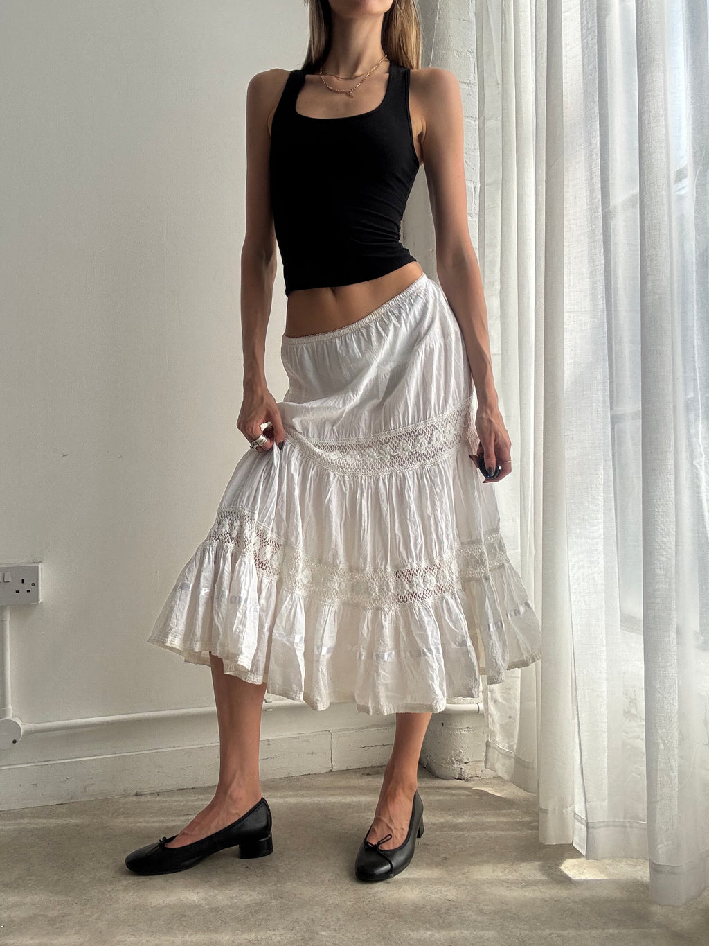 Vintage white tiered prairie midi skirt - size XS/S