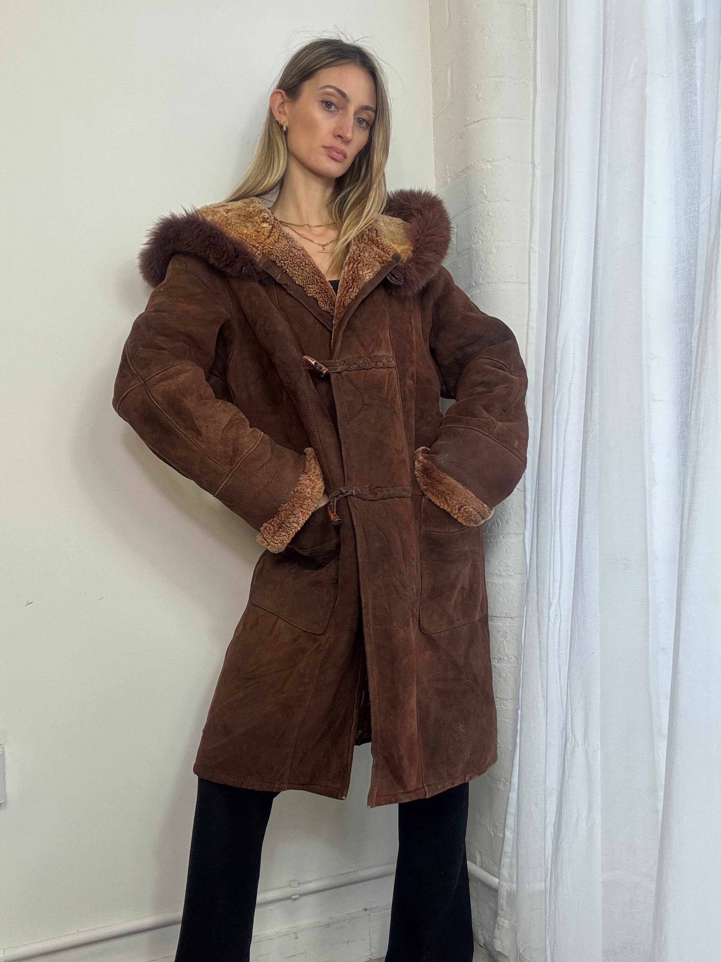 Vintage sheepskin suede long hooded coat fur trim