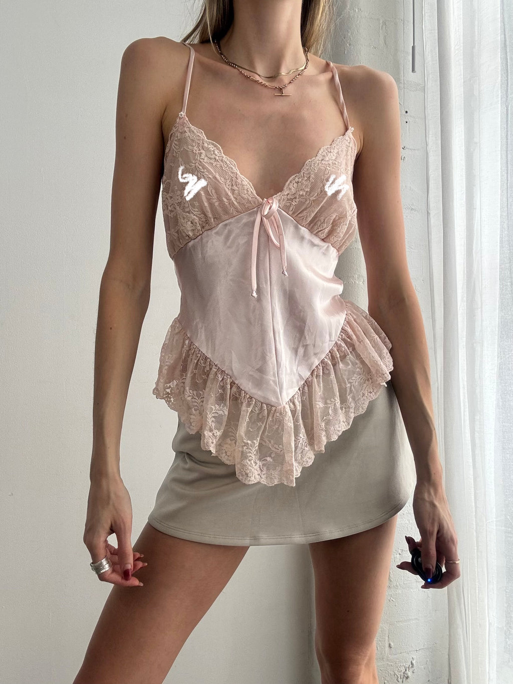 Vintage 90's pink lace & satin asymmetrical cami top