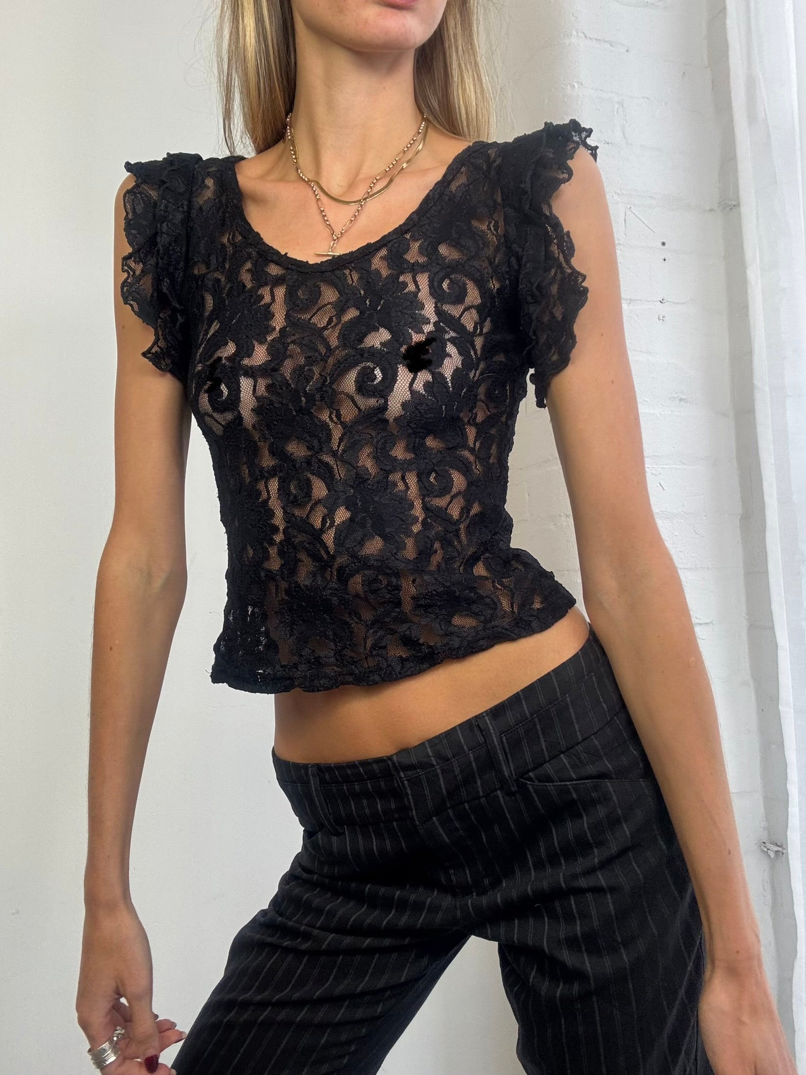 Vintage Y2K black lace ruffle top
