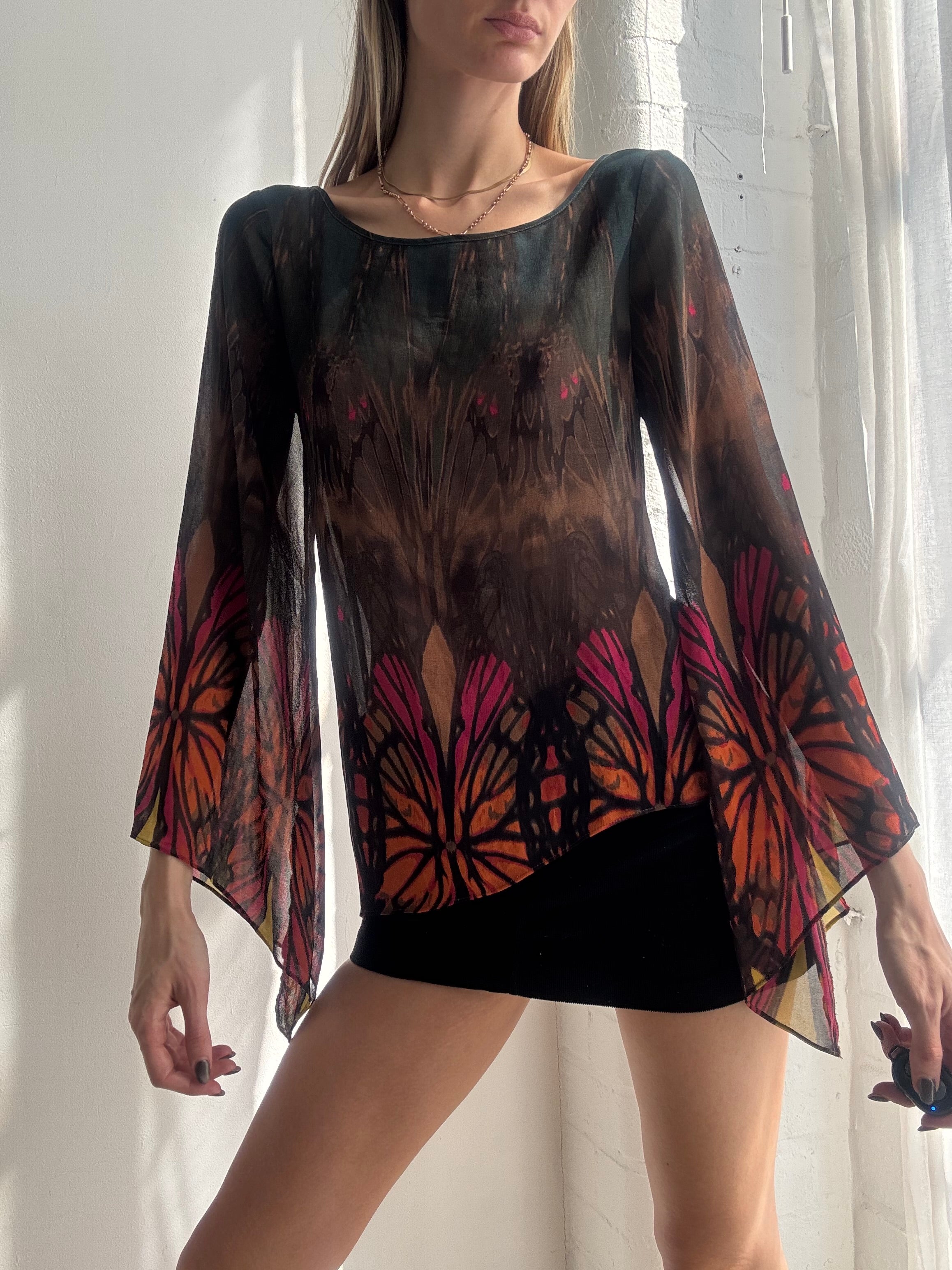 Vintage Y2K Bebe sheer graphic print floaty top - Size S