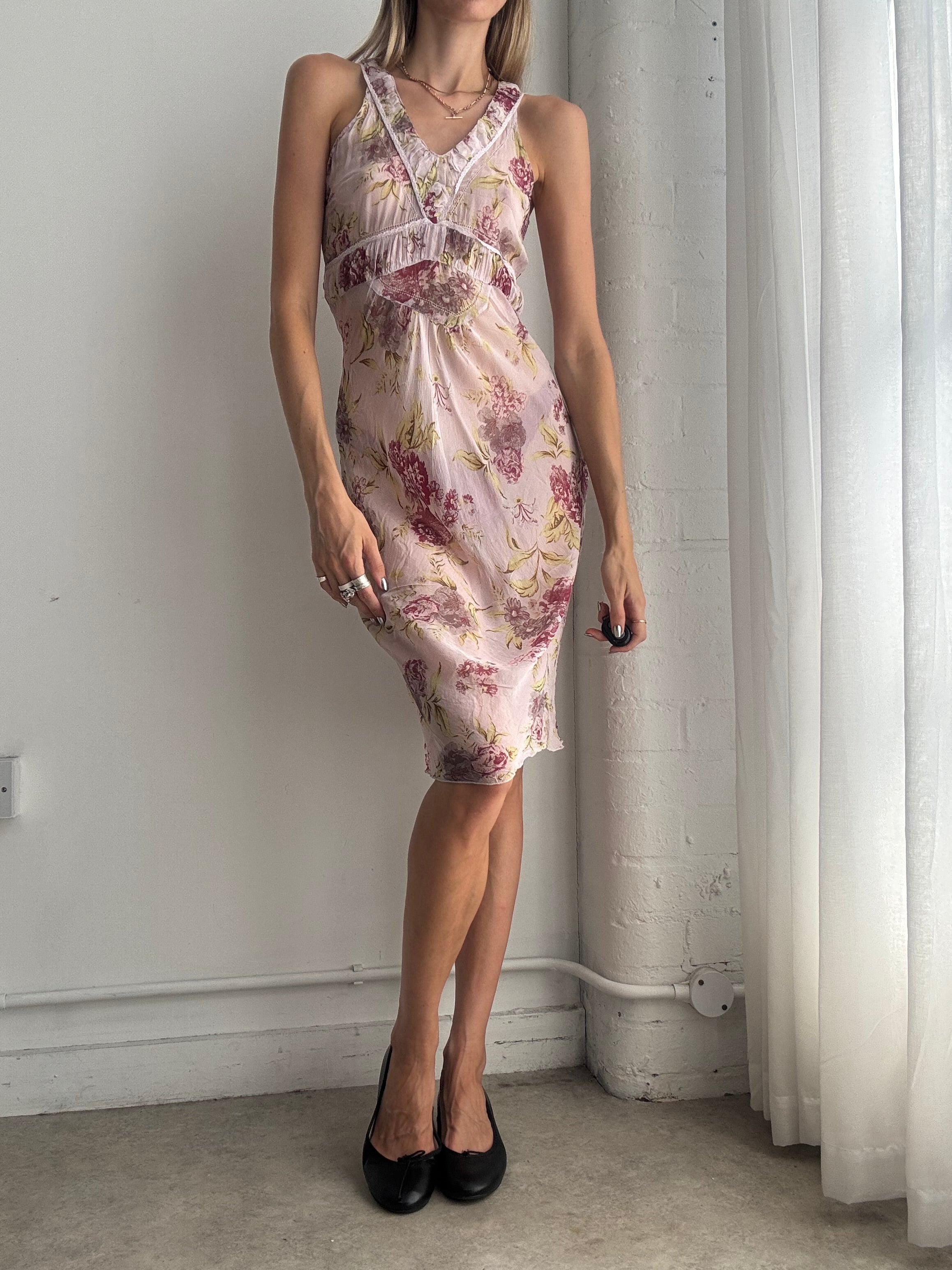 Vintage Y2K Pink Floral Sheer Ruched Midi Dress – Size S