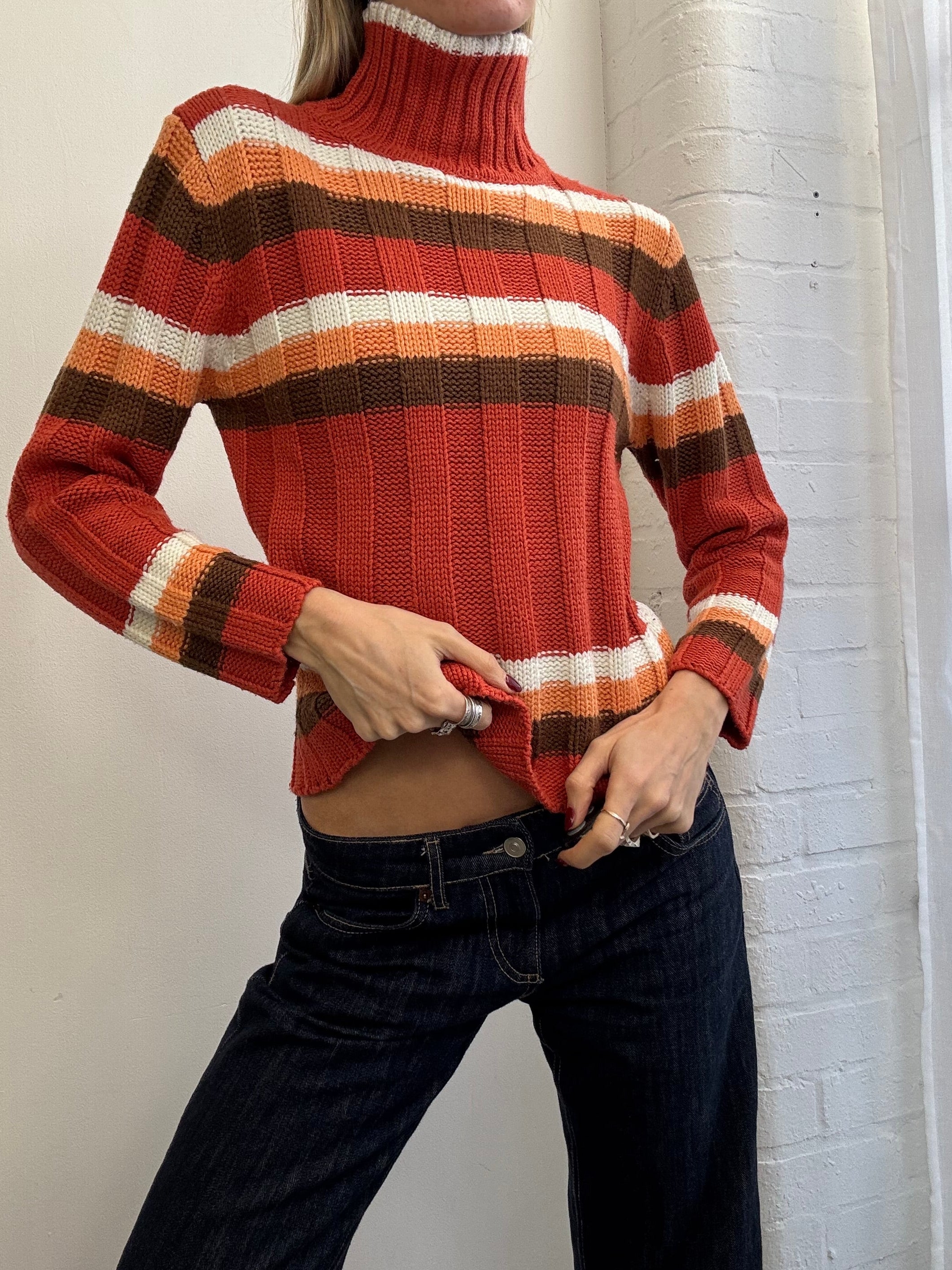 Vintage Y2K stripe roll neck jumper orange