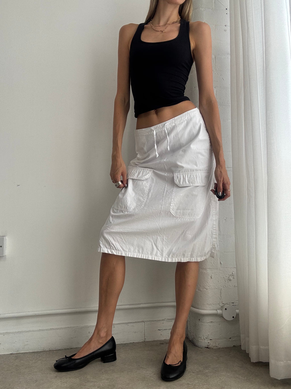 Vintage Y2K White Cargo Midi Skirt – Low Rise Utility Cotton Skirt - Size XS/S