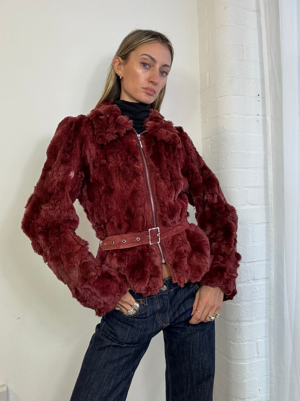 Vintage Y2K burgundy genuine fur zip up jacket