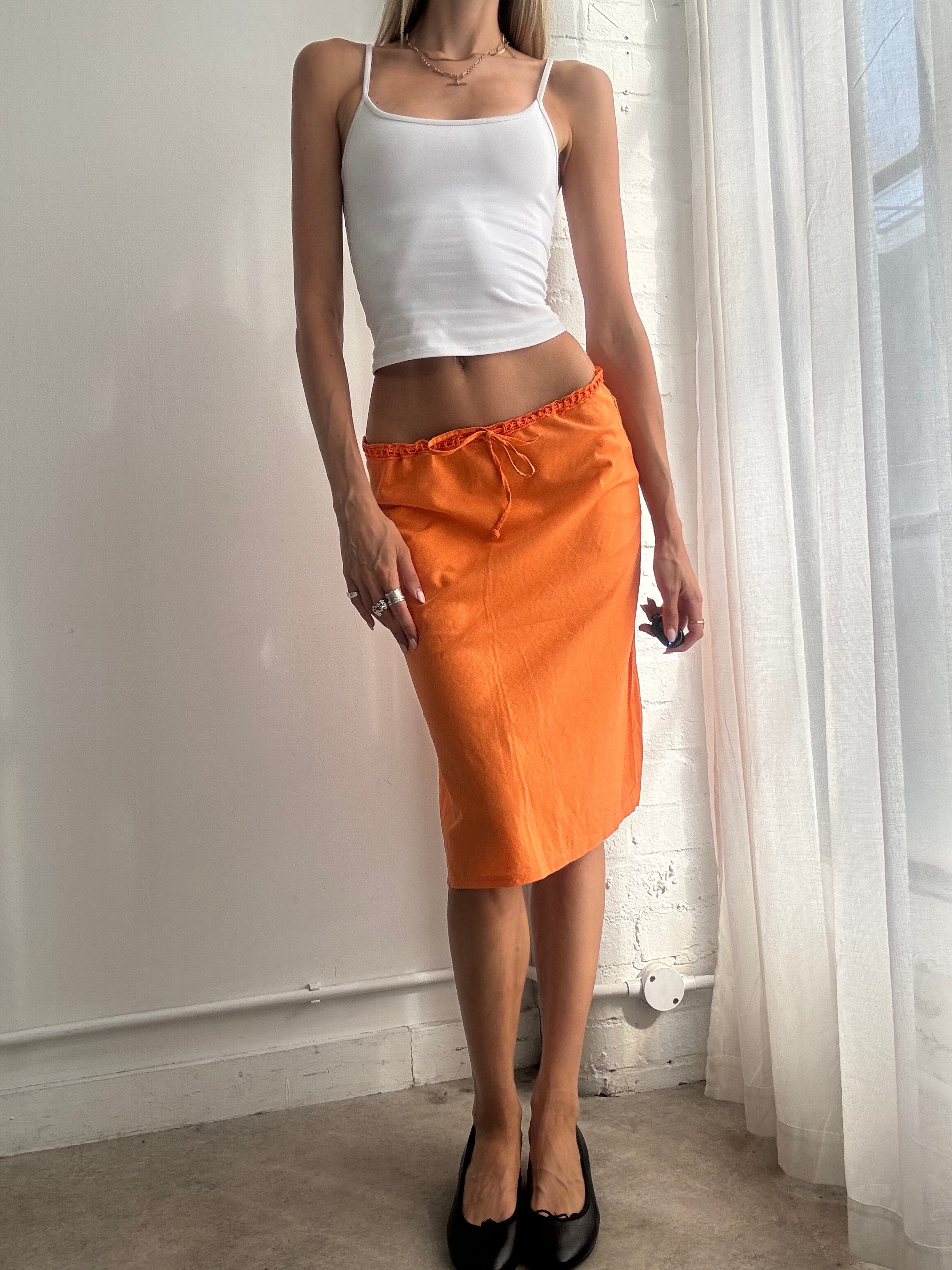 Vintage Y2K Bright Orange Linen Midi Skirt - Size S/M