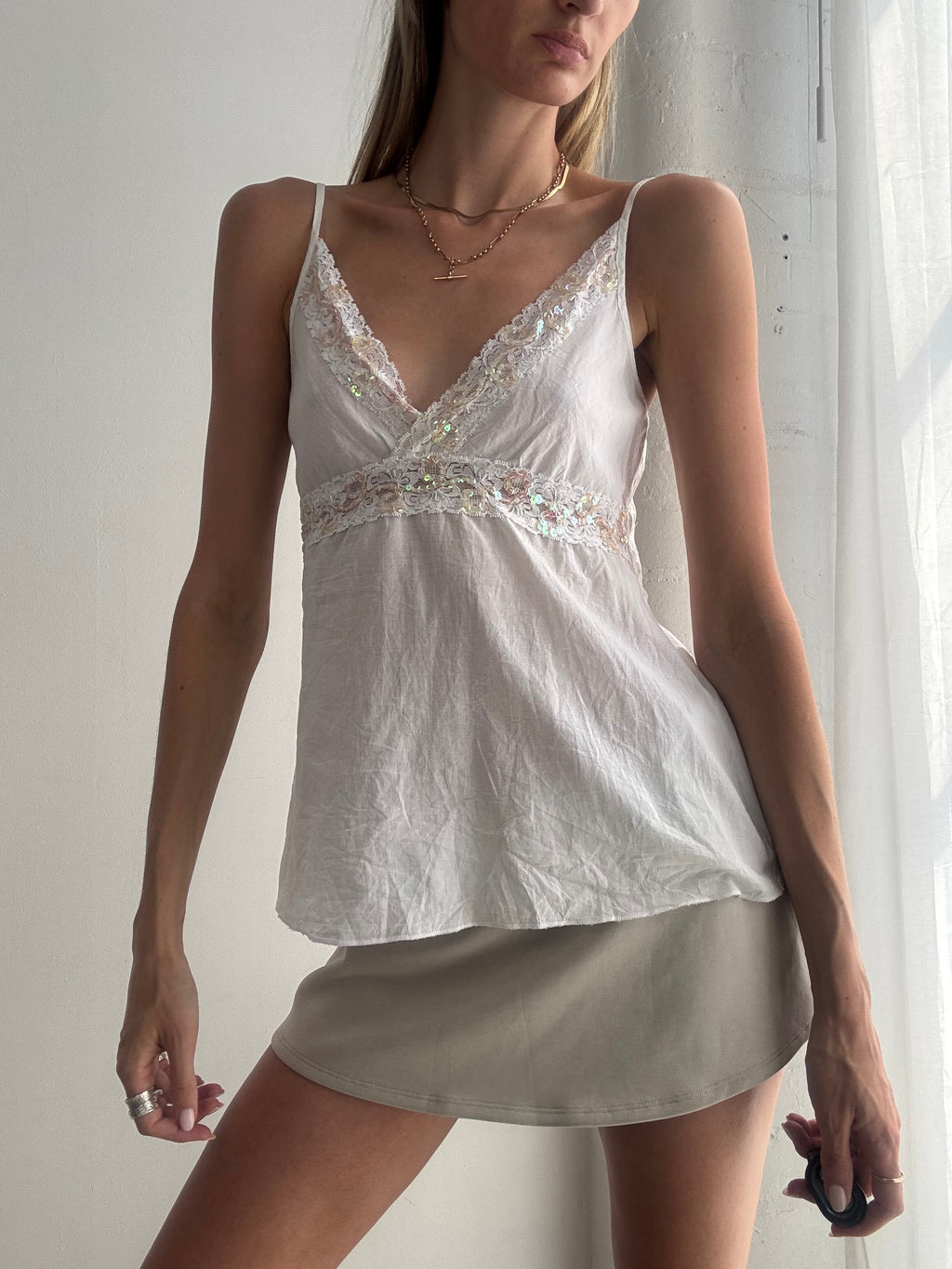 Vintage Y2k White Lace Trim Sequin Cami Top Boho Fairy Grunge - Size S