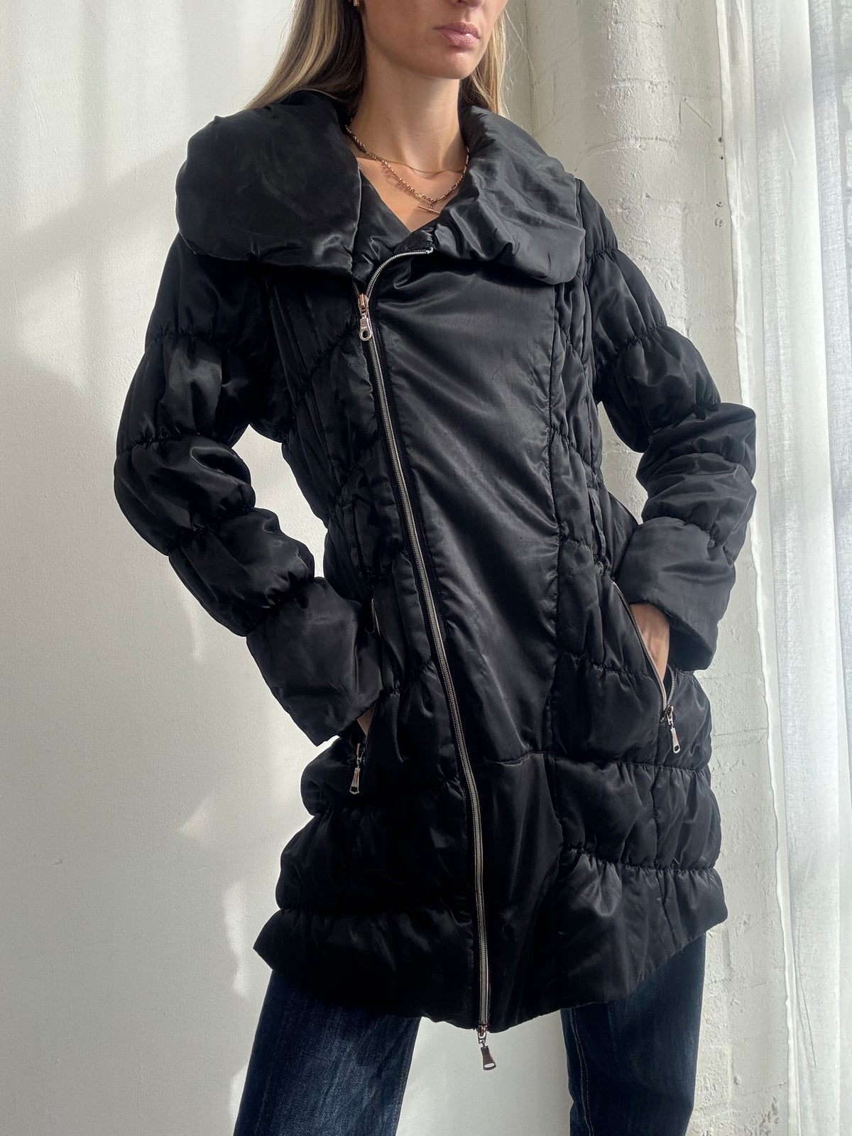 Vintage Y2K Black Longline Puffer Asymmetric Jacket - Size M
