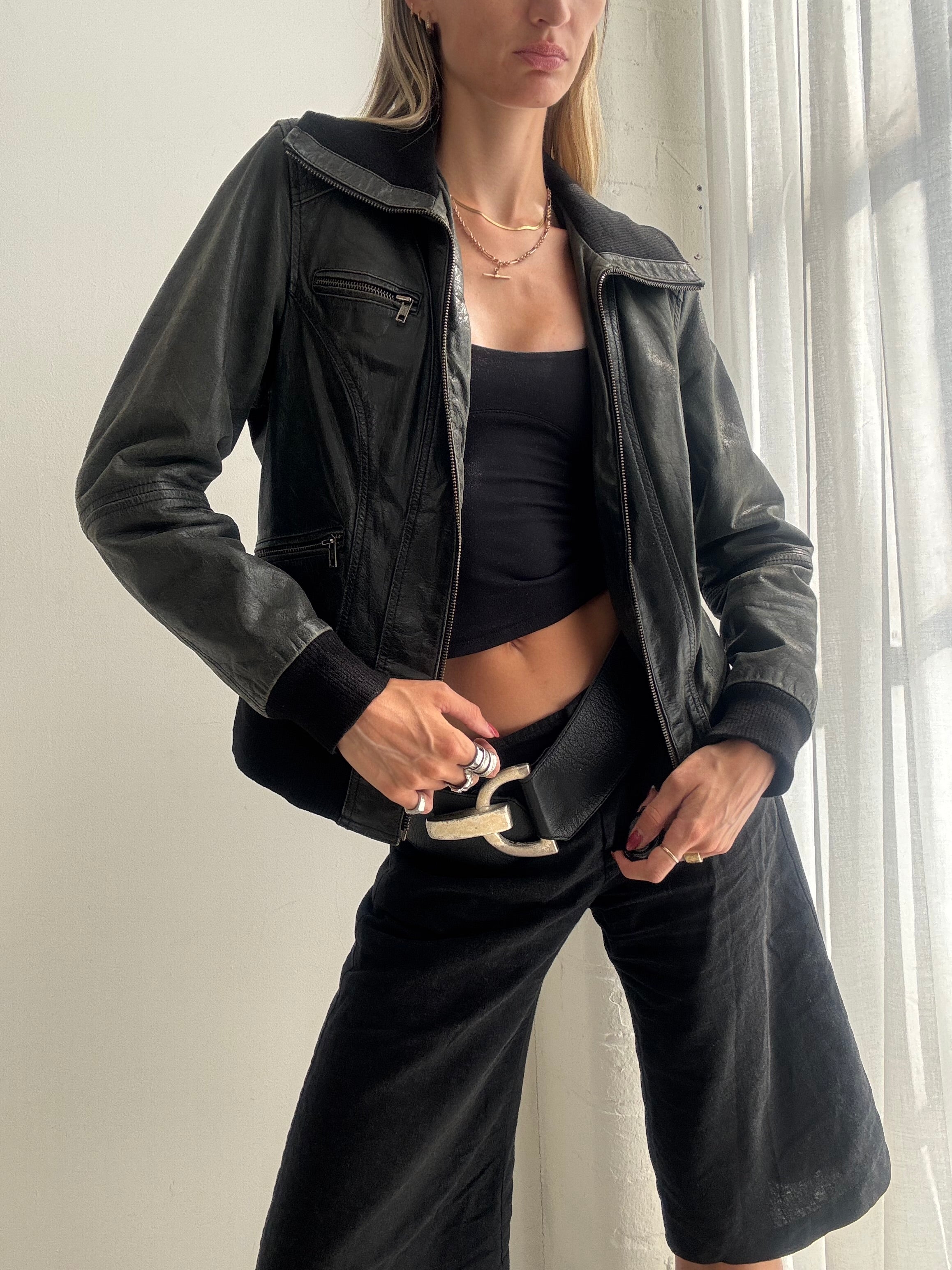 Vintage 90s Black Leather Bomber Jacket - Size M/L