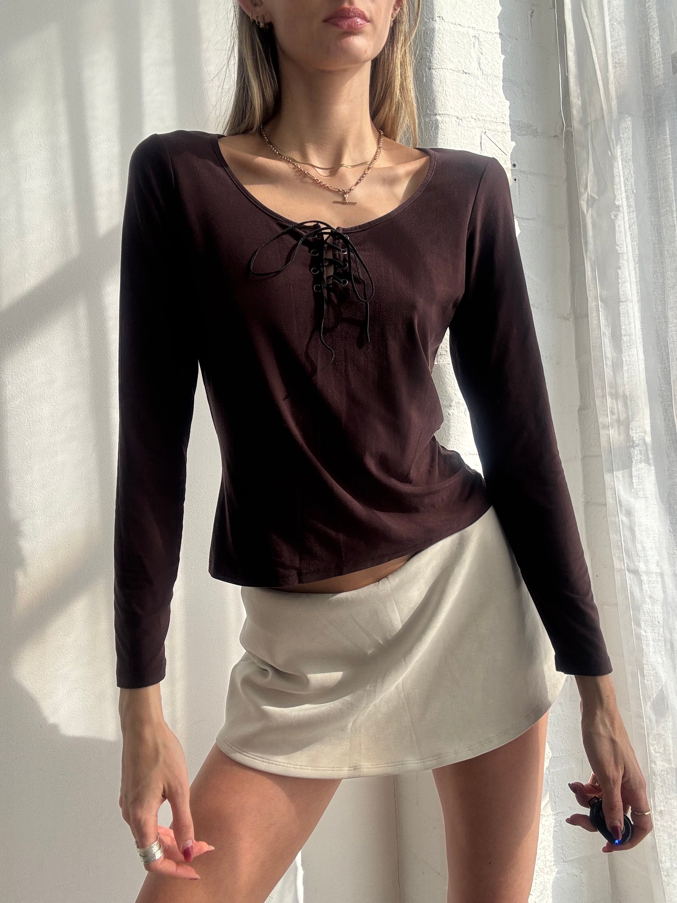 Vintage Y2K chocolate brown lace-up long sleeve top