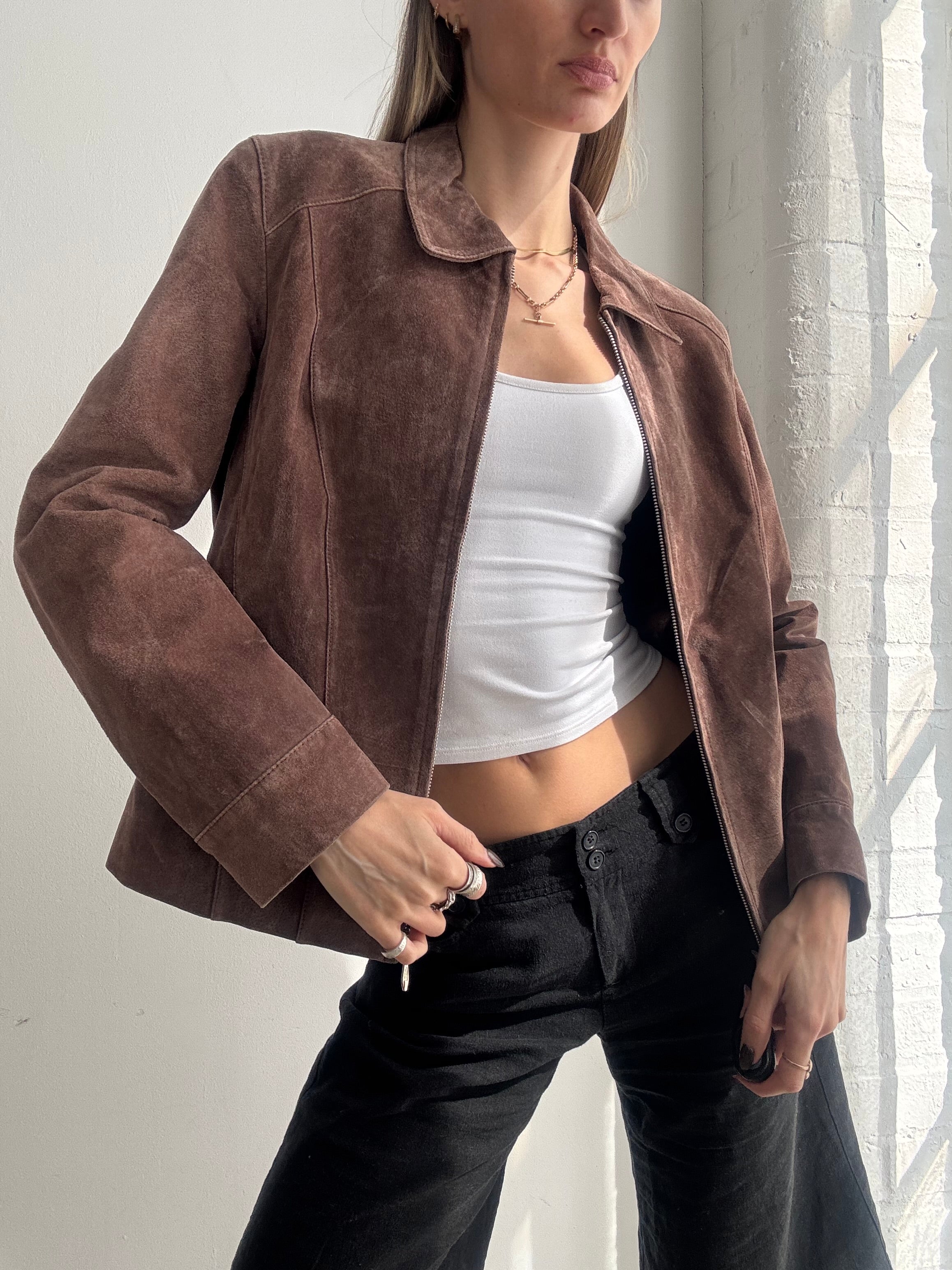 Vintage Y2K brown suede leather jacket - Size M