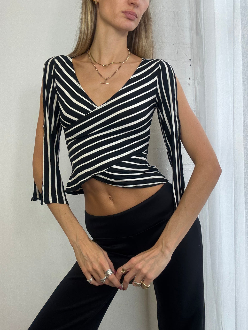 Vintage Y2K black & white striped wrap top