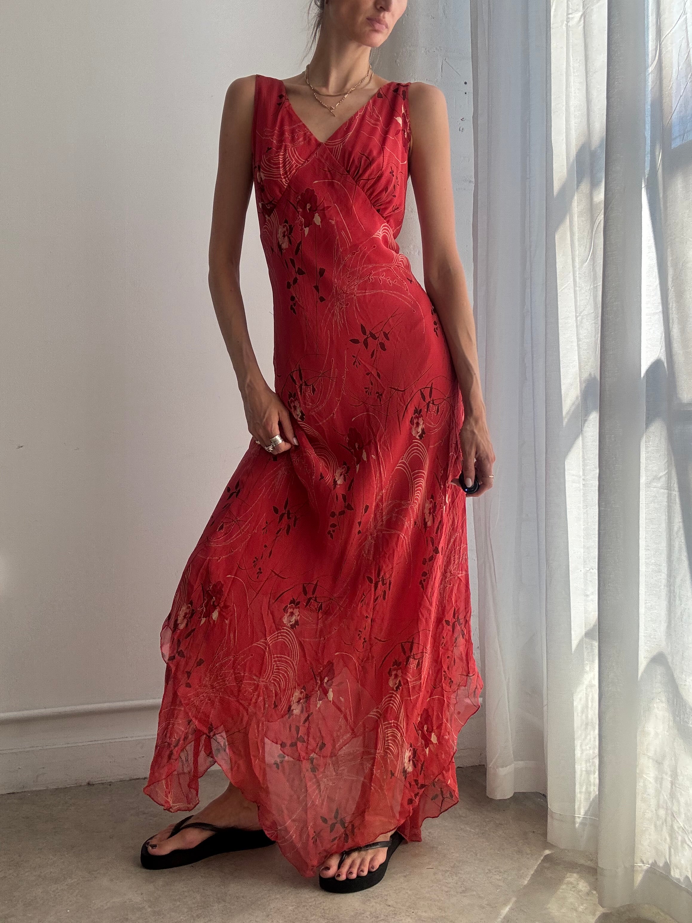 Vintage Red Floral Silk Maxi Dress Y2K - Size L