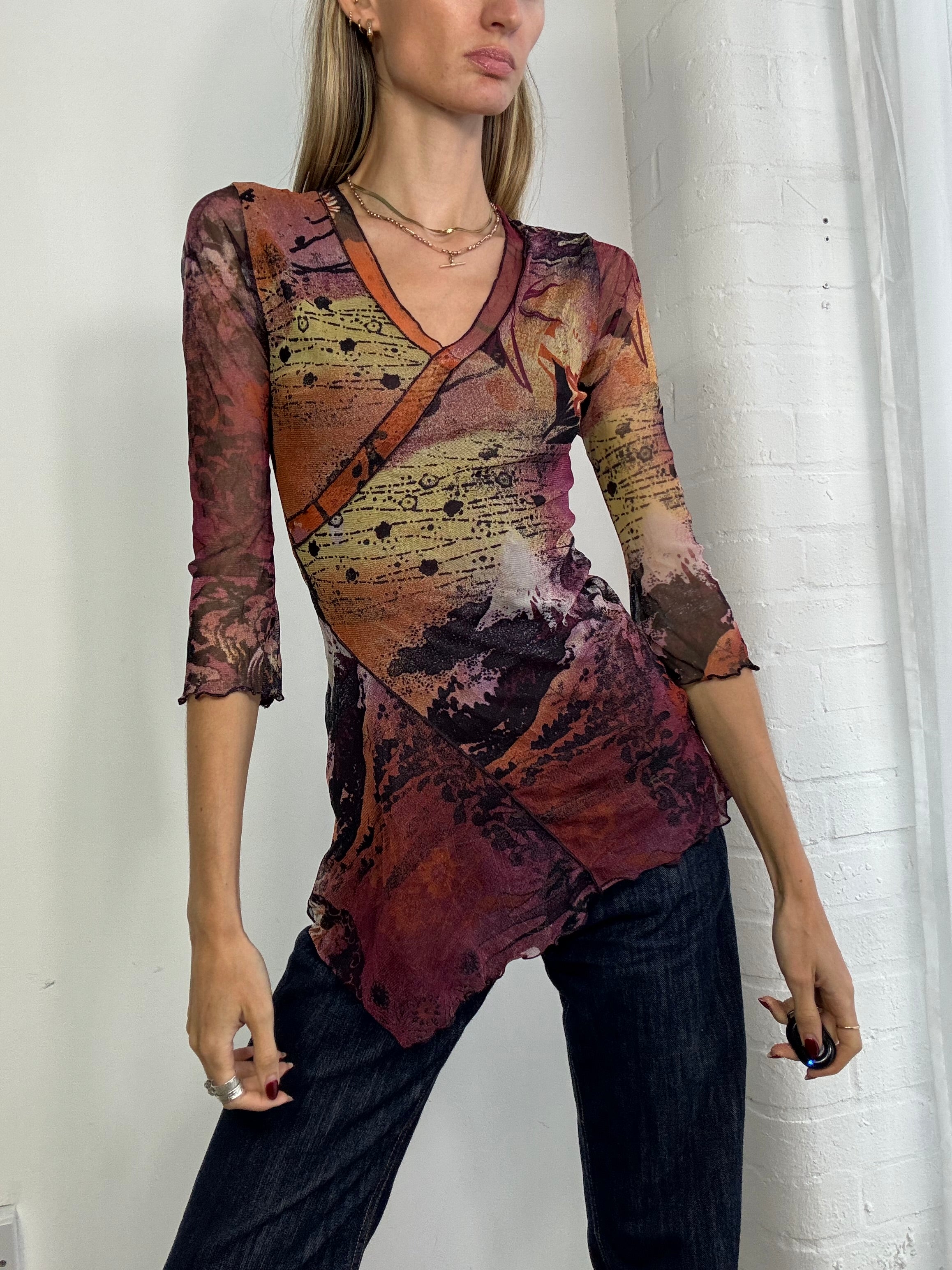 Vintage Y2K v neck mesh top asymmetric