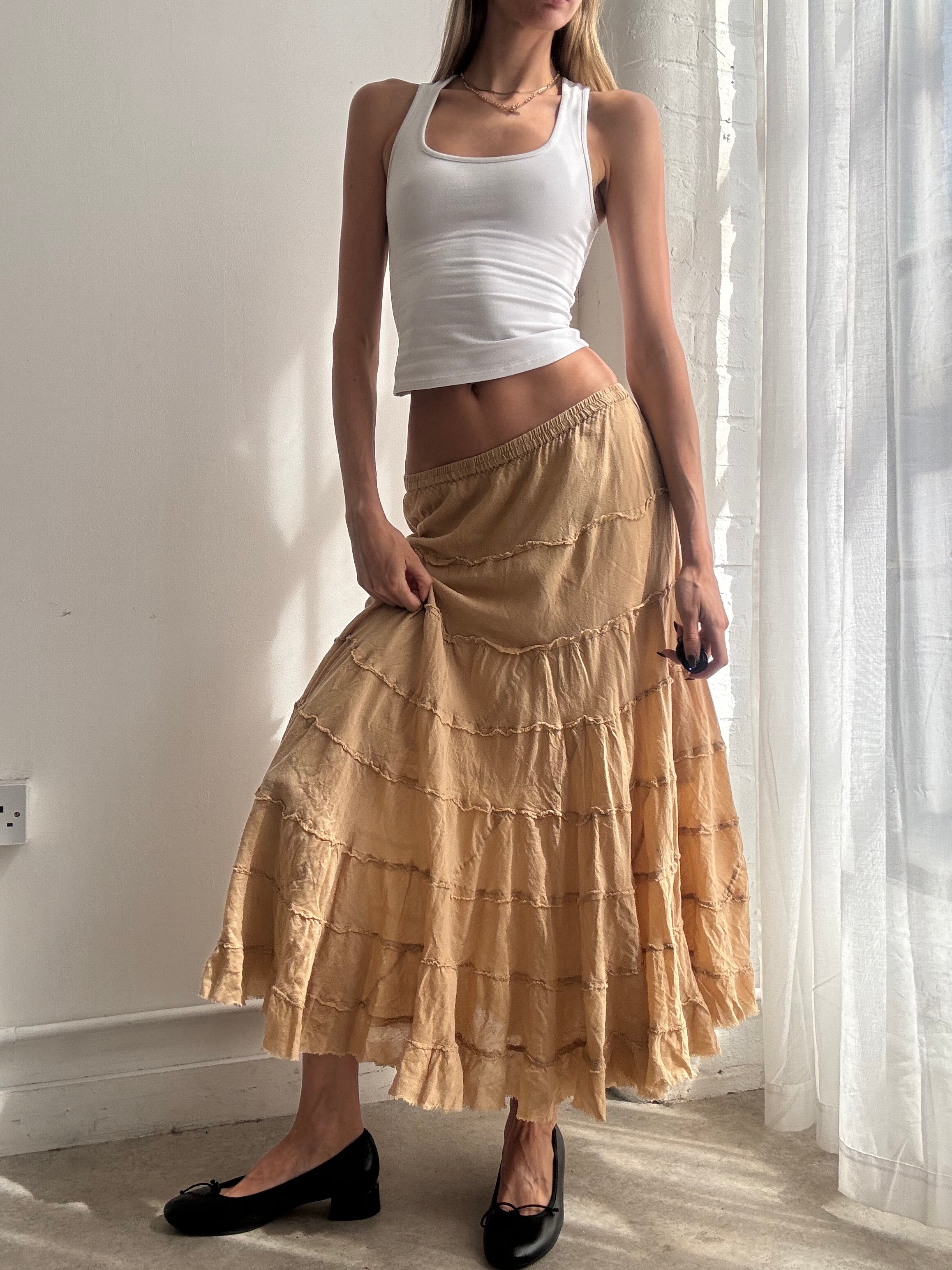 Vintage Y2K beige tiered cotton boho maxi skirt - Size S/M