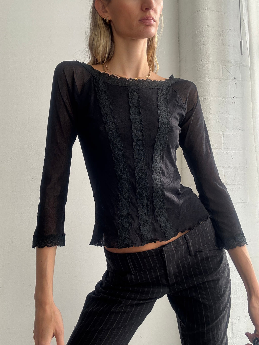 Vintage Y2K sheer black mesh and lace top