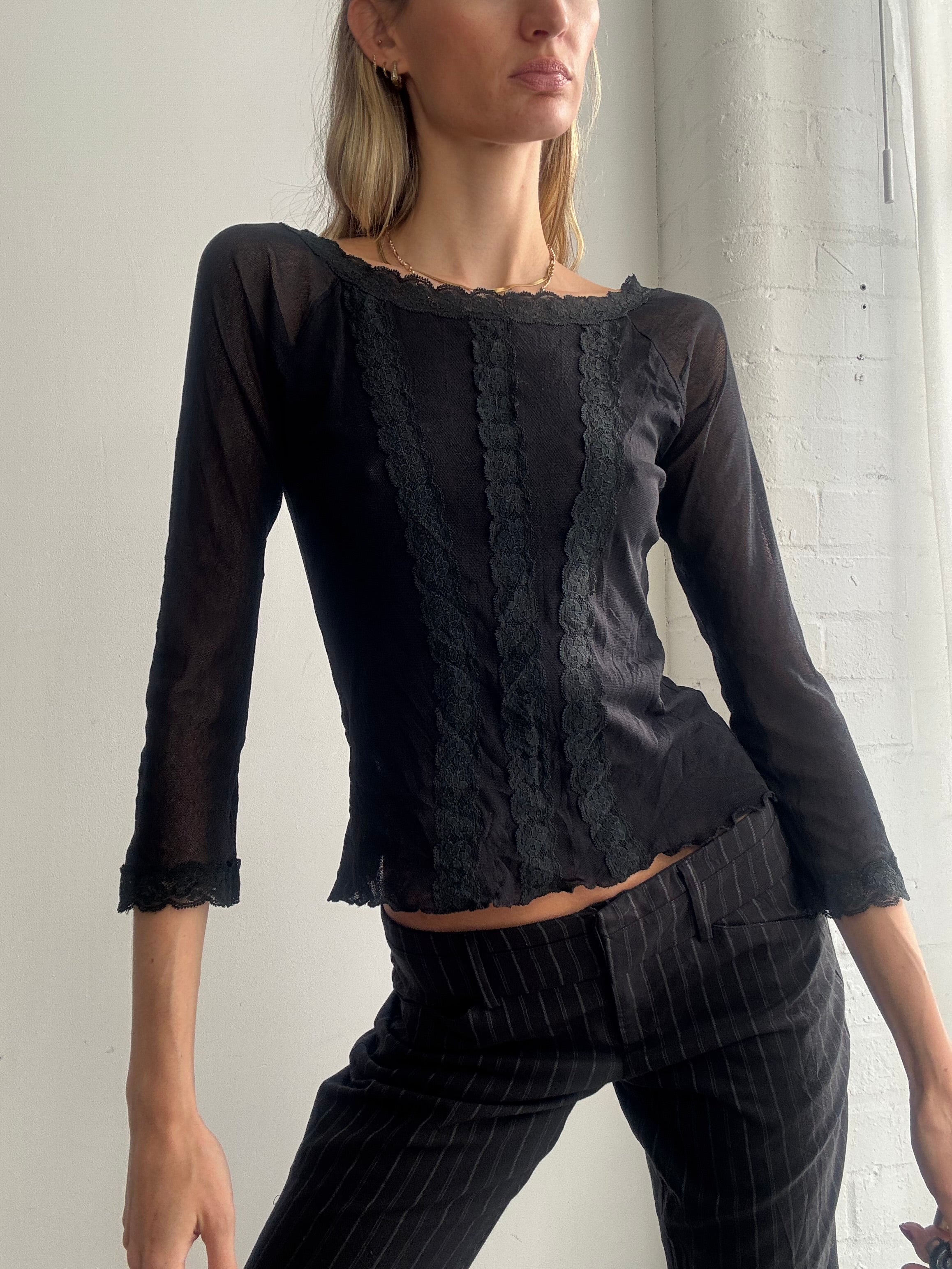 Vintage Y2K sheer black mesh and lace top
