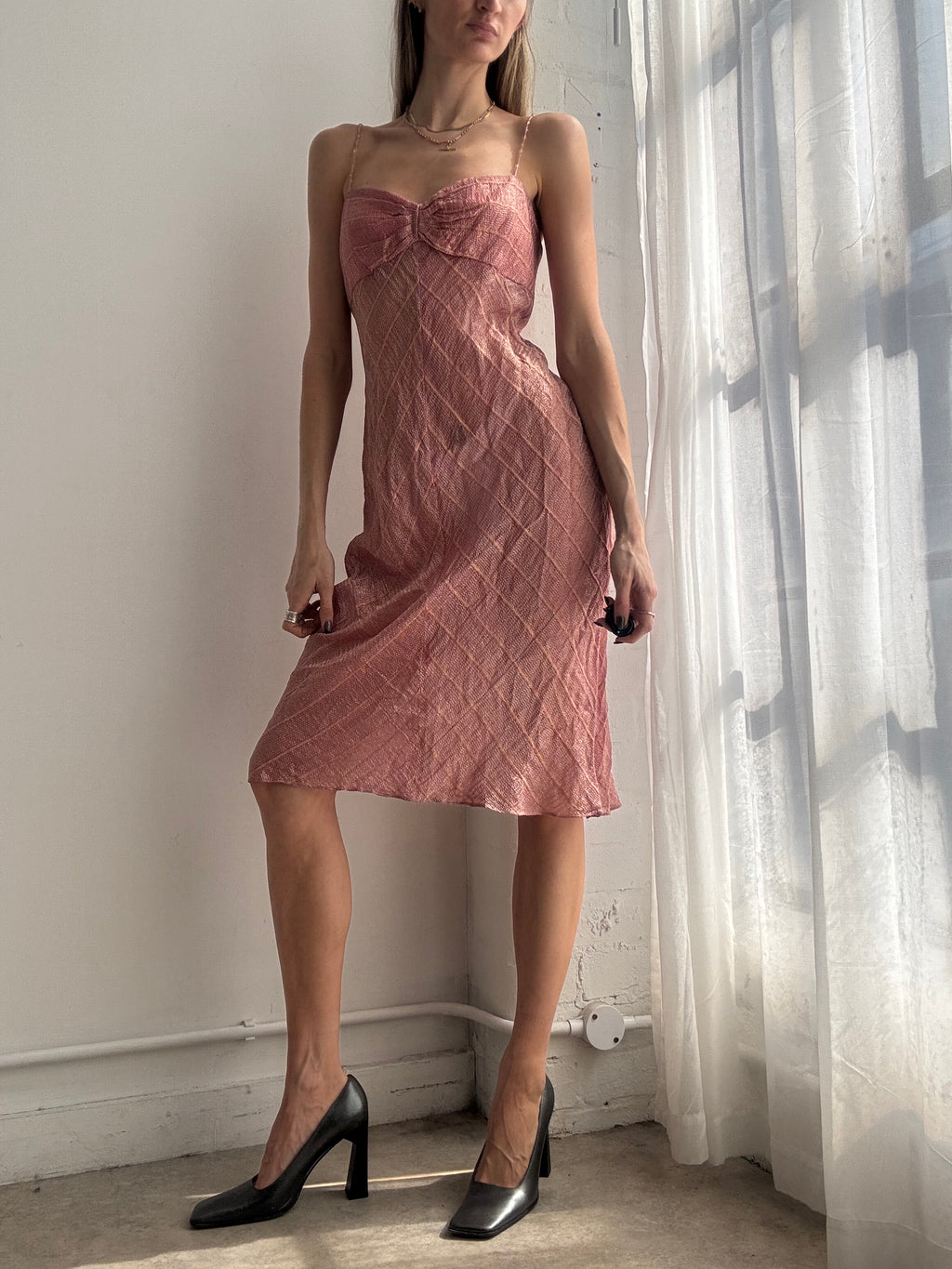 Vintage Y2K dusty pink woven slip midi dress - Size M
