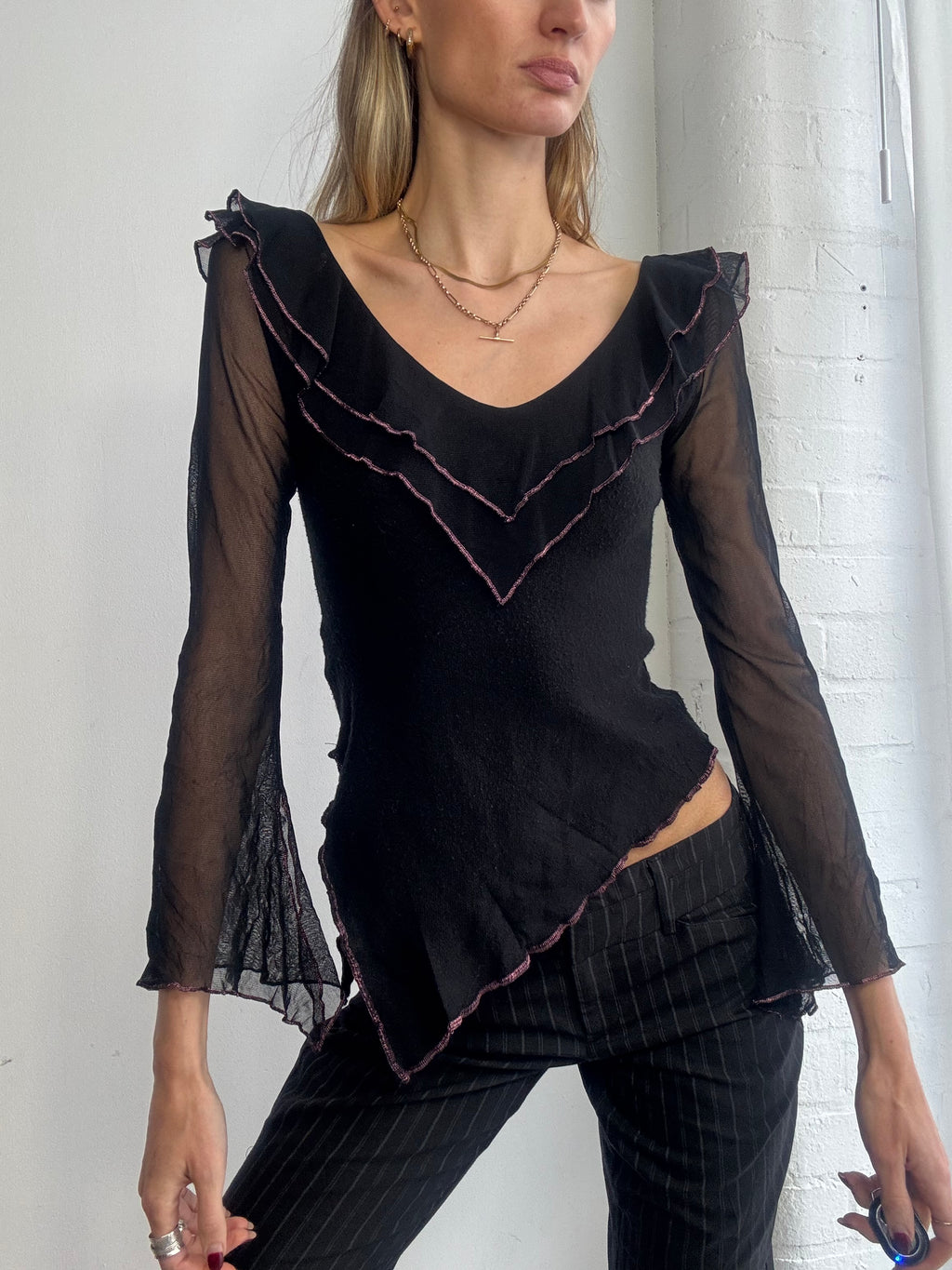 Vintage Y2K asymmetric ruffle mesh top