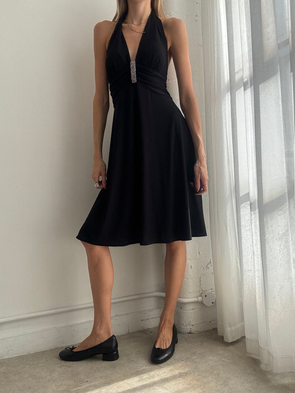 Vintage Y2K Black Halter Neck Midi Dress - Size L