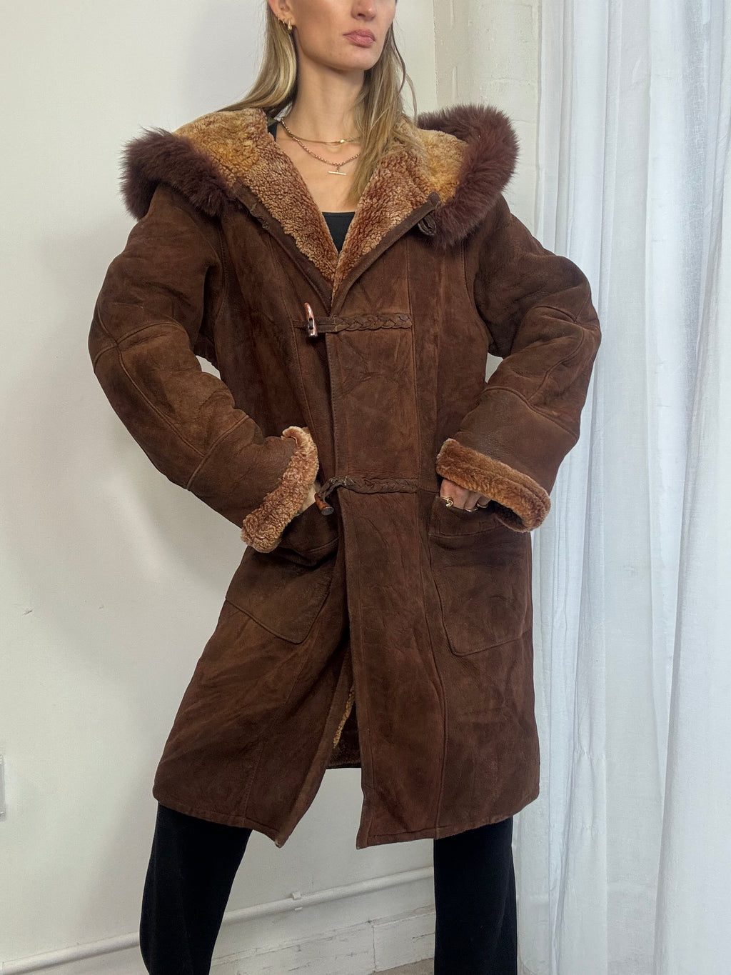 Vintage sheepskin suede long hooded coat fur trim