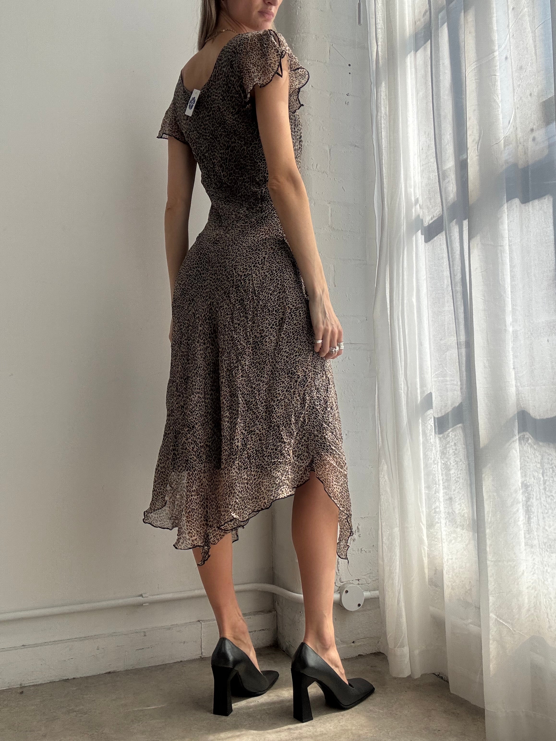 Vintage Y2K brown leopard print asymmetrical silk midi dress - Size M